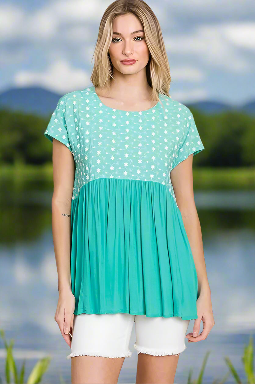 Women's Full Size Embroidered Mint Green Short Sleeve Pleated Babydoll Top - Casual Summer Blouse for Beach, Date Night & Everyday Wear