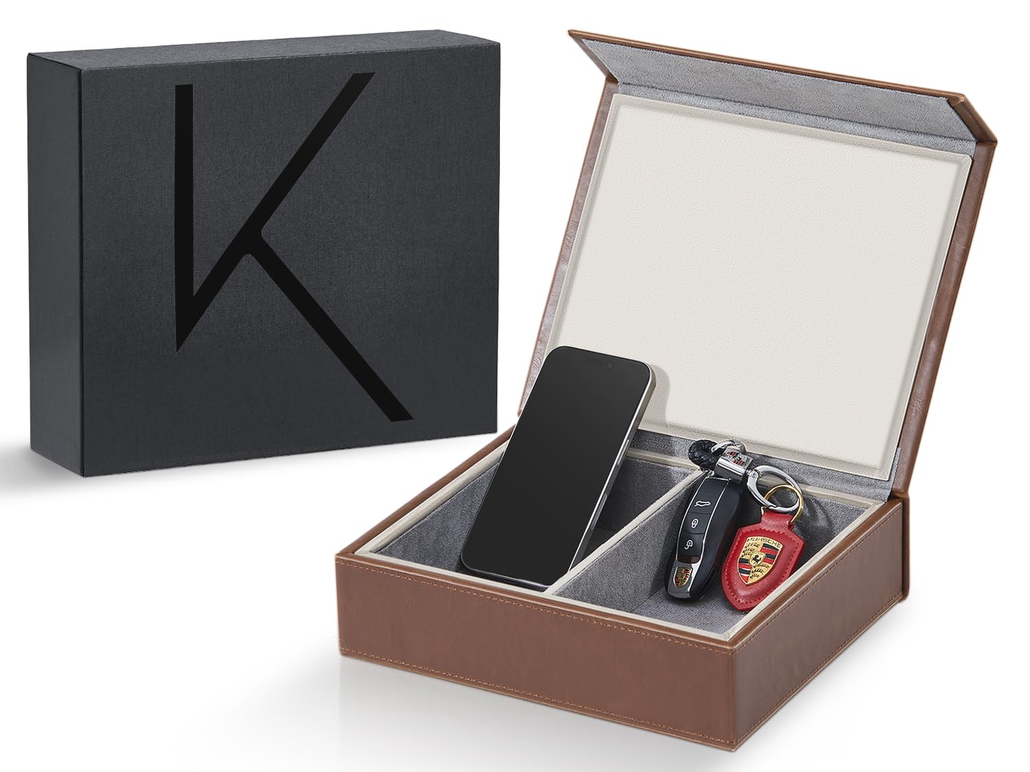Premium KK7 PLUS-BR RFID Blocking Faraday Key Fob Protector Box - 2-Slot Anti-Theft Shielding Case for Car Keys, High-Grade Protein Leather Vintage Design (Brown, XL) - Secure Keyless Entry & Protect Against Relay Theft for Modern Vehicles