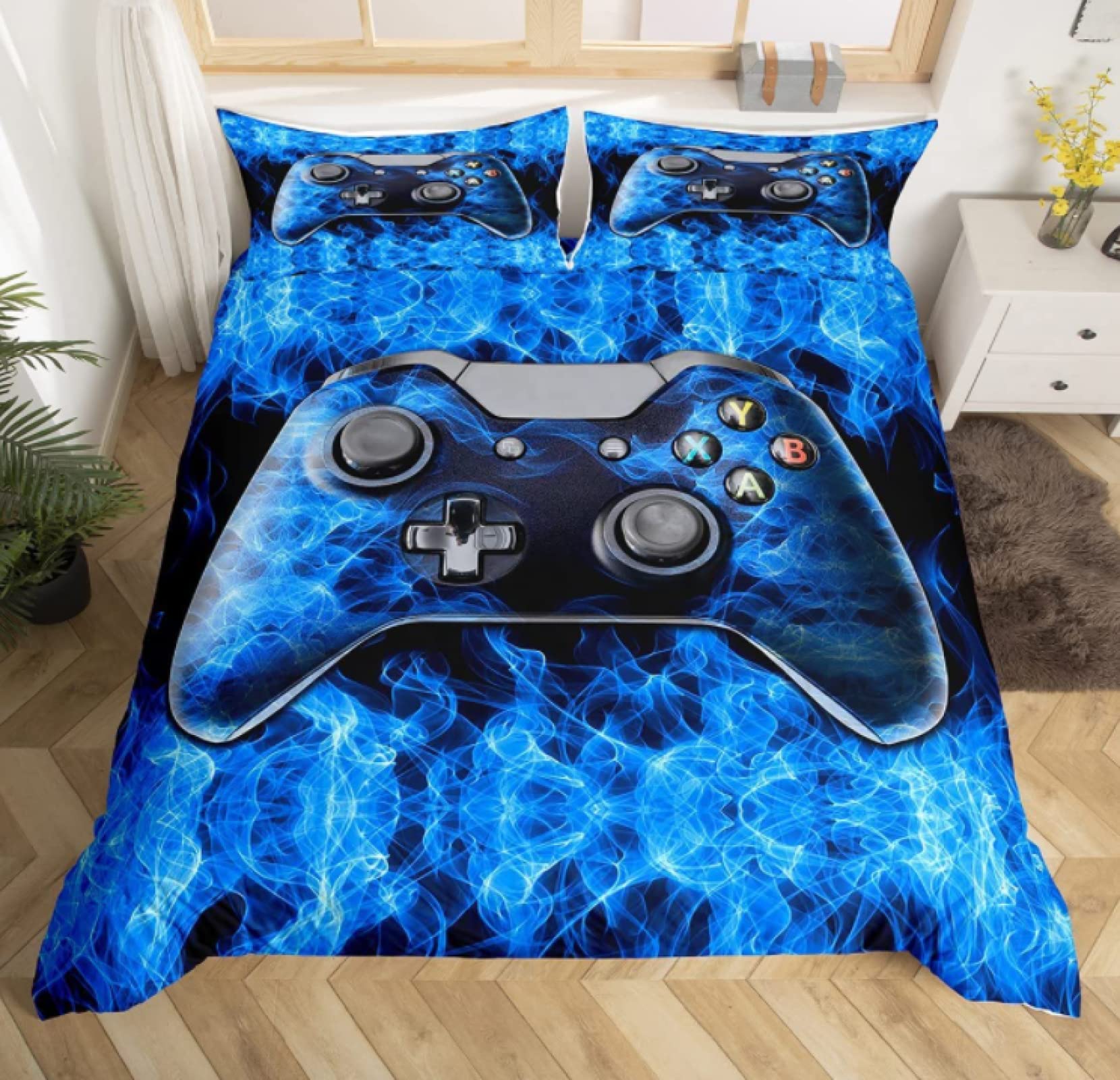 Gaming Comforter Set for Boys & Teens - Video Game Controller Print King Size 3-Piece Bedding (220x240cm) Blue Mist - Perfect for Gamer Room Decor & Themed Bedroom Makeover