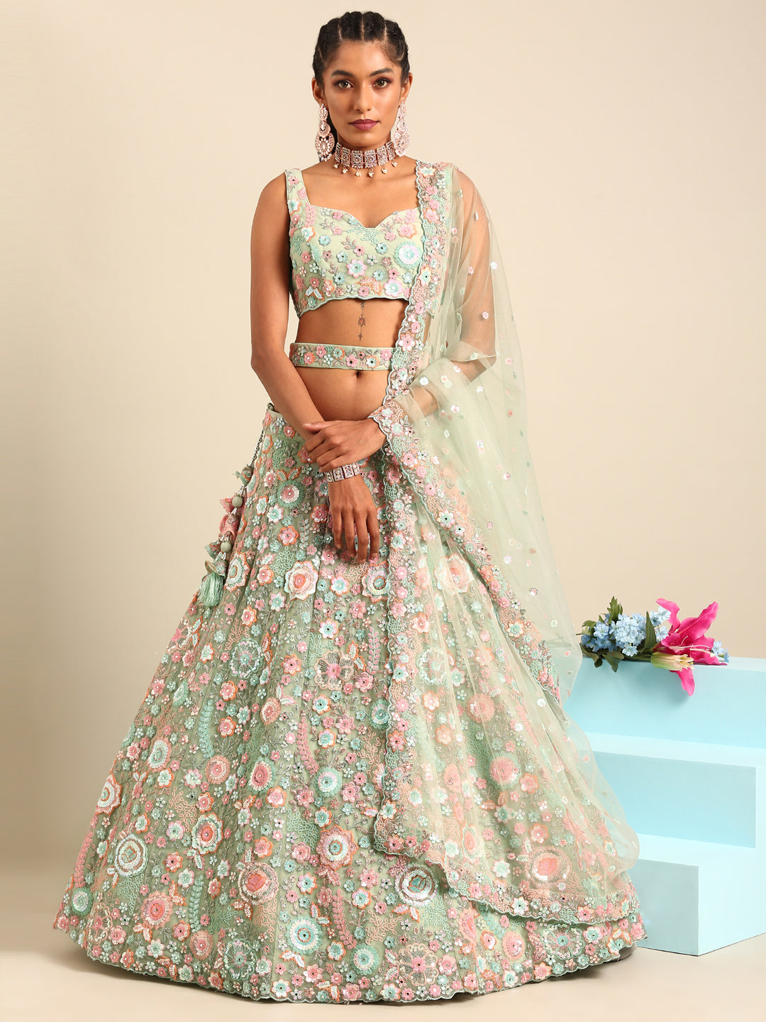 Stunning Lime Green Round Multi-Sequins Mirror & Thread Embroidered Net Lehenga Choli (D425) - Perfect for Indian Weddings, Festivals & Special Occasions
