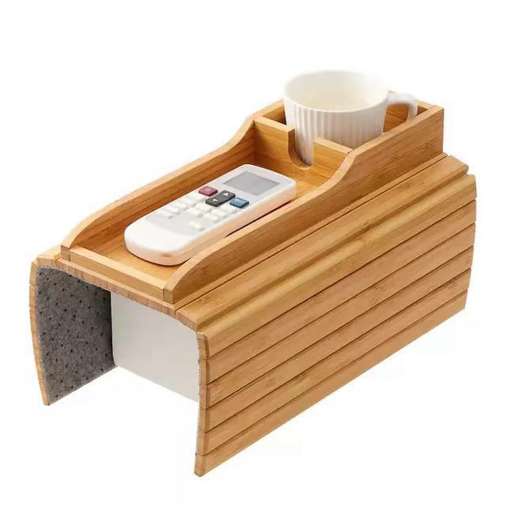 Natural Bamboo Couch Cup Holder - Portable Drink Holder & Armrest Tray for Sofa | Easy-to-Use Side Table for Living Room, Bedroom & Home Theater Relaxation