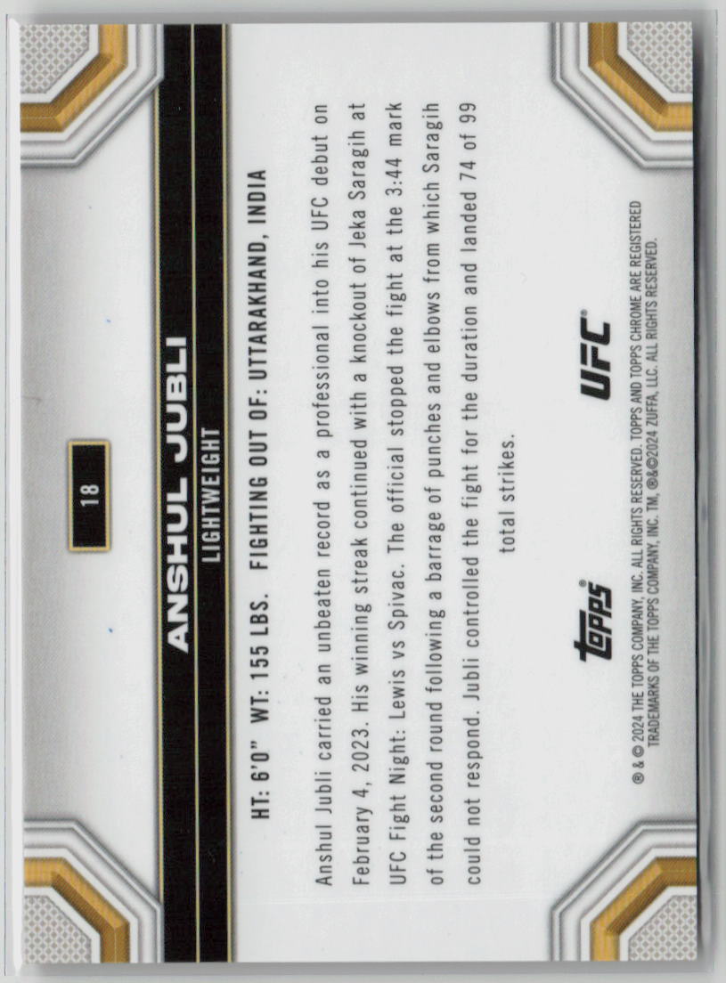 2024 Topps Chrome Anshul Jubli Orange Refractor UFC Trading Card 22/25 #18 - Rare Collectible for UFC Fans & Sports Memorabilia Enthusiasts
