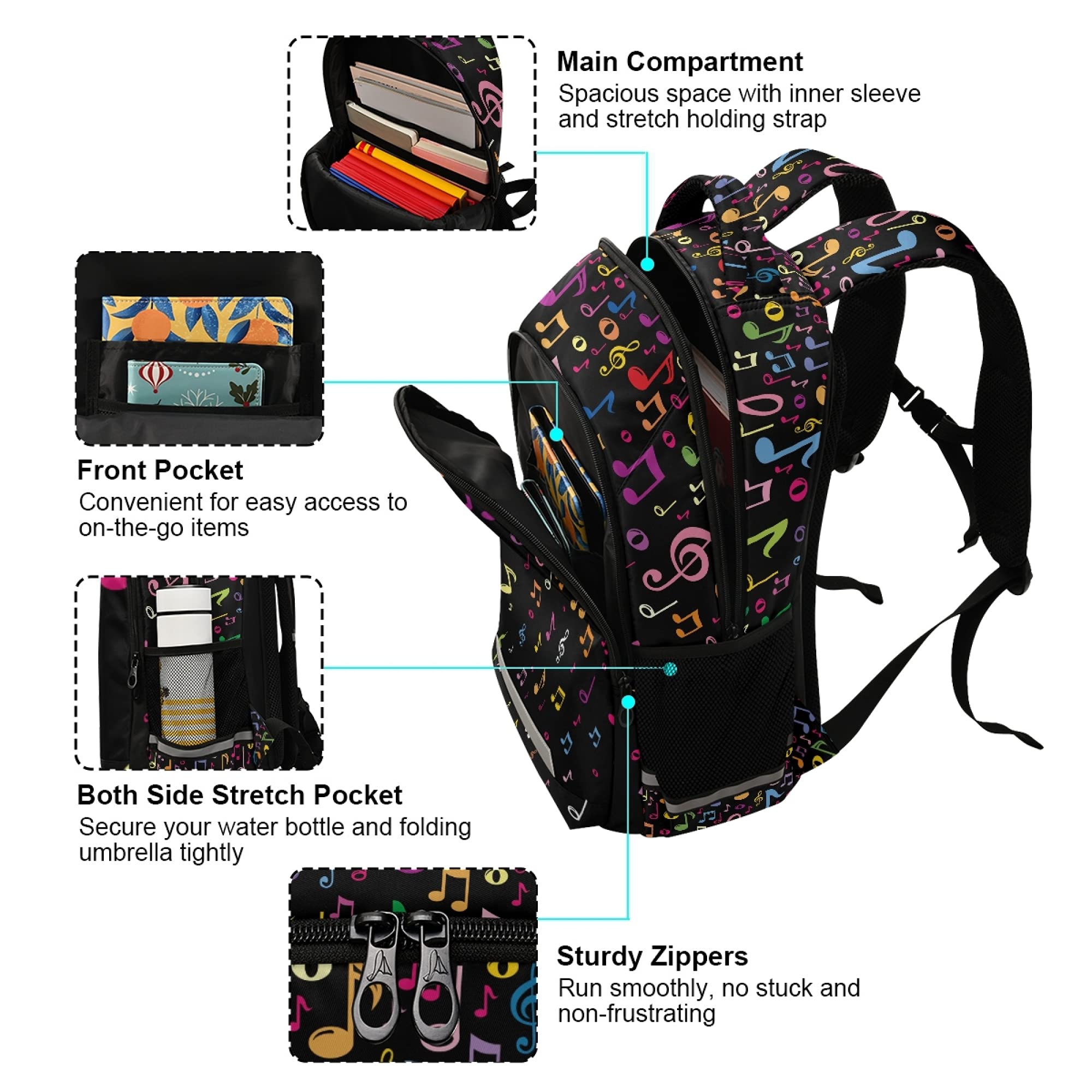 ALAZA Rainbow Music Notes Musical Backpack - Stylish Unisex Laptop Bag for Women & Men - Fits 13, 14, 15.6 Inch Notebooks - Perfect for School, Work & Travel