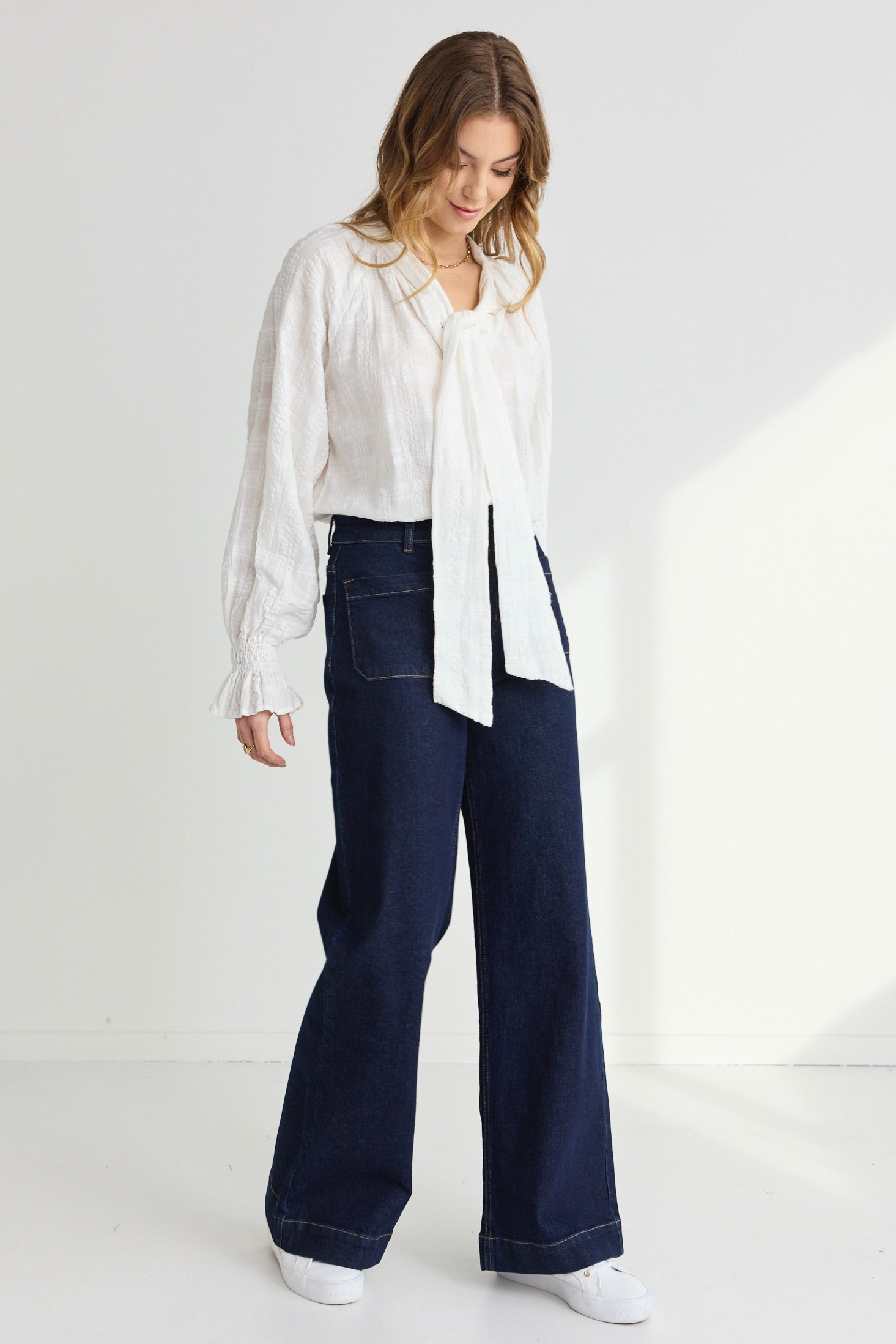 Compassion Ivory Textured Tie Front Blouse for Women - Elegant Work & Casual Wear | Perfect for Office, Date Night & Special Occasions