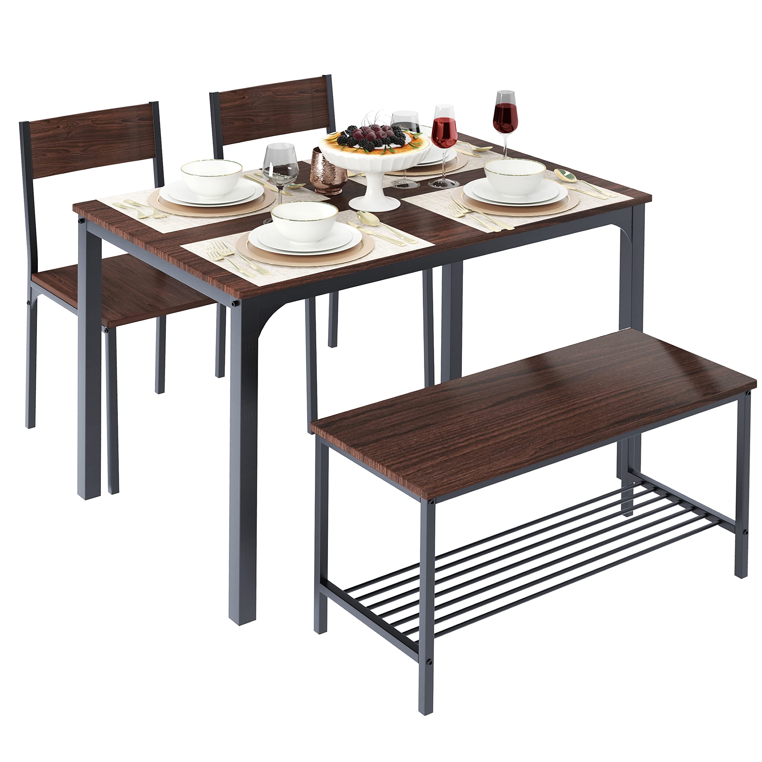 DLandHome 4-Piece Rustic Oak Dining Table Set with 2 Chairs & 2 Benches - Space-Saving Rectangular Kitchen Table for Small Homes & Apartments - Perfect for Family Dinners, Breakfast Nooks & Compact Dining Spaces