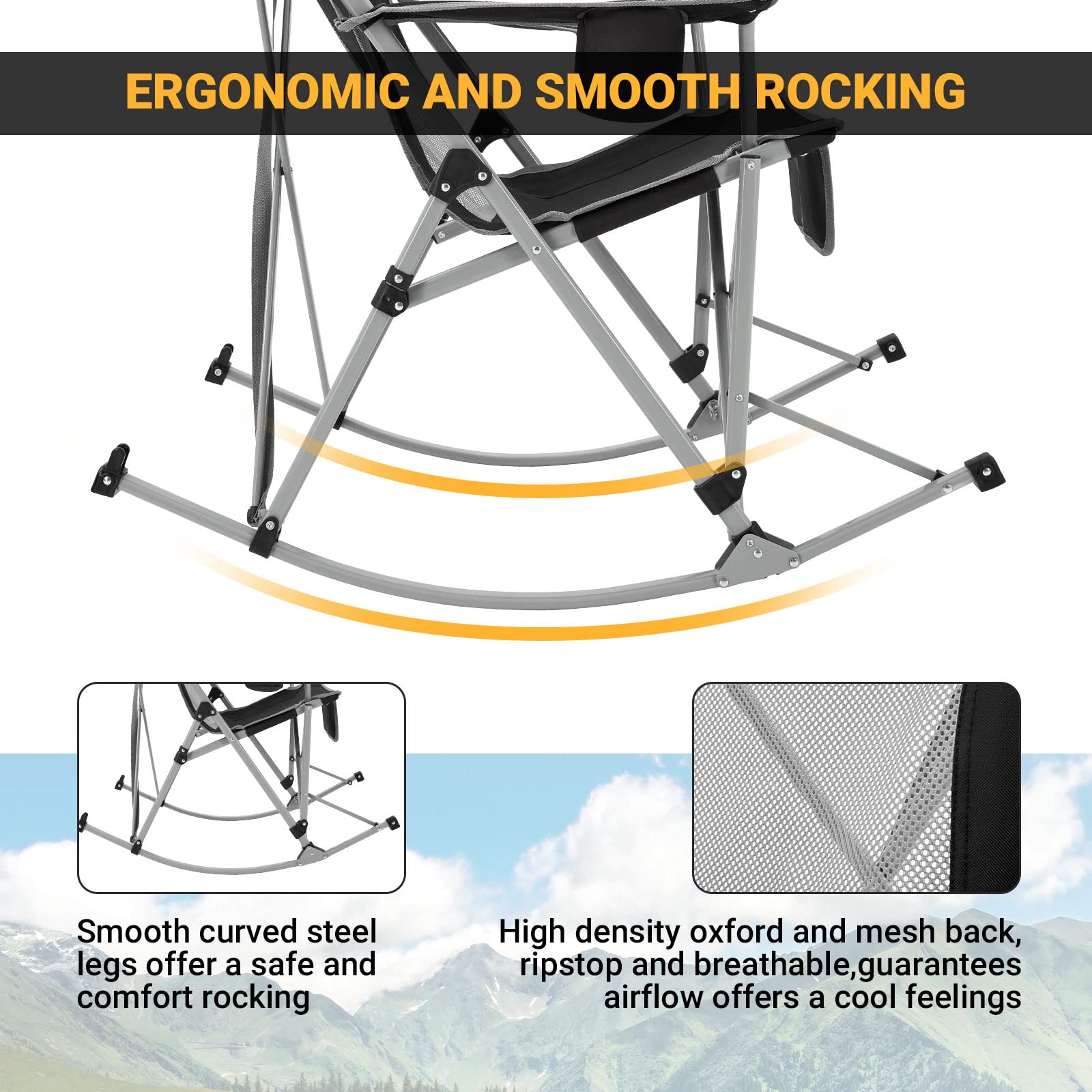Portable Folding Rocking Chair for Adults - Lightweight Camping Chair for Outdoor, Beach, Travel, Picnic & Patio - Comfortable Foldable Rocker for Relaxing in Backyard, Garden or Lakeside (BlackGrey)