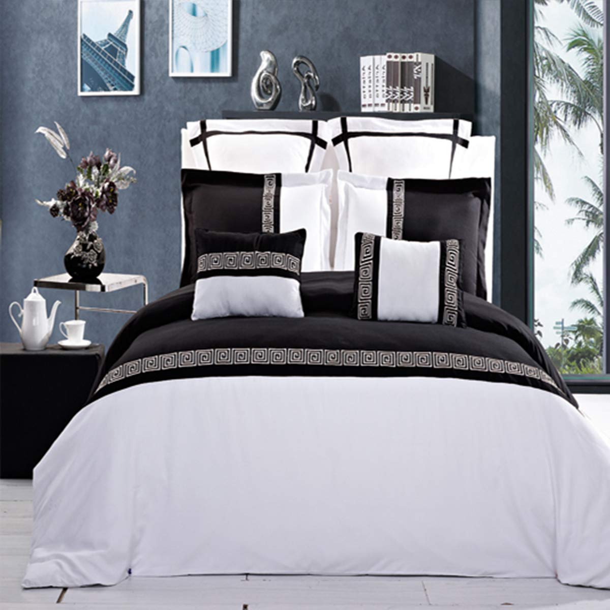 12-Piece Embroidered Microfiber Queen Size Bed in a Bag Set - Black & White Astrid Duvet Cover, 100% Cotton 300TC Sheets, Down Alternative Comforter - Luxury Bedding for Master Bedroom, Guest Room & Dorm