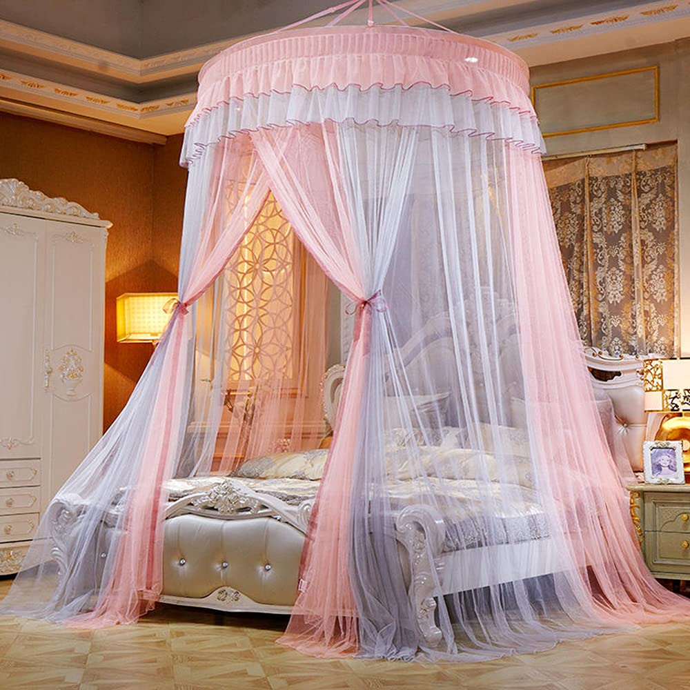 Mengersi Bed Canopy Mosquito Net - Elegant Lace Round Sheer Mesh Bed Curtains for Twin, Full, Queen & King Size Beds (Peach/Gray) - Perfect for Princess Bedroom Decor, Romantic Weddings & Nursery Protection