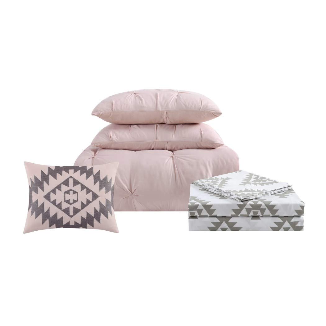 7-Piece Girls' White & Light Pink Pinch Pleated Comforter Set - Full Size Pintuck Diamond Tufted Bedding with Aztec Ikat Tribal Motif - Soft Microfiber Textured Pattern for Kids' Bedroom Decor & Cozy Sleep