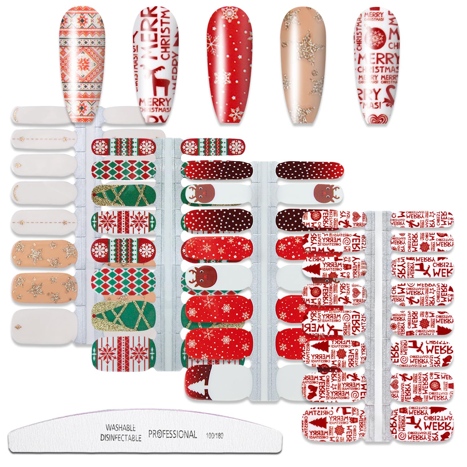 WOKOTO Christmas Nail Polish Strips - 5 Sheets Holiday Nail Stickers with Elk, Tree & Star Designs | Gel Nail Wraps for Women | Includes Nail File & Adhesive | Perfect for Christmas Parties, Gift Giving & Festive Nail Art