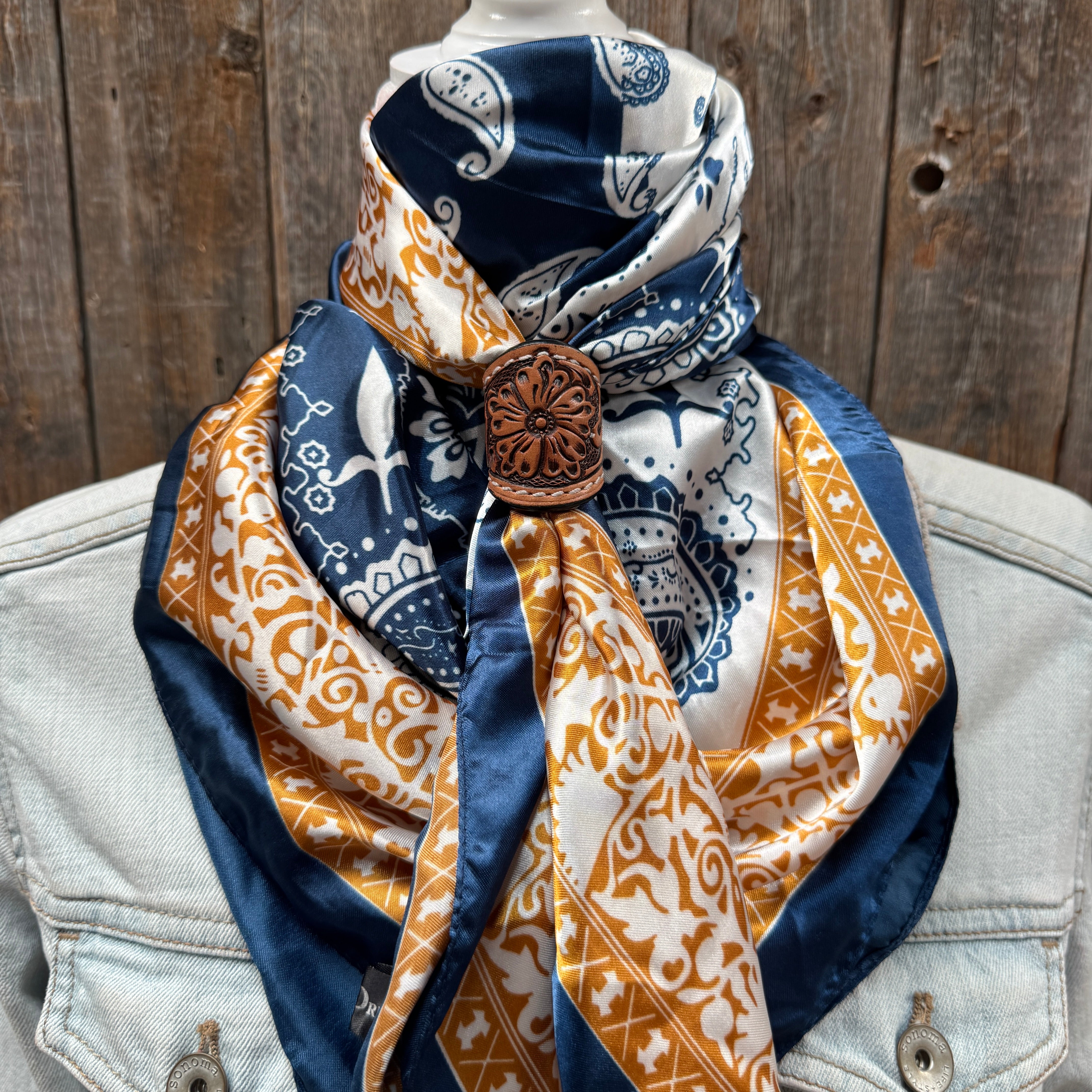 35X35 Blue Two-Toned Paisley Wild Scarf WR3300 with Tooled Leather Slides - Perfect for Western Rides, Cowboy Events & Outdoor Adventures