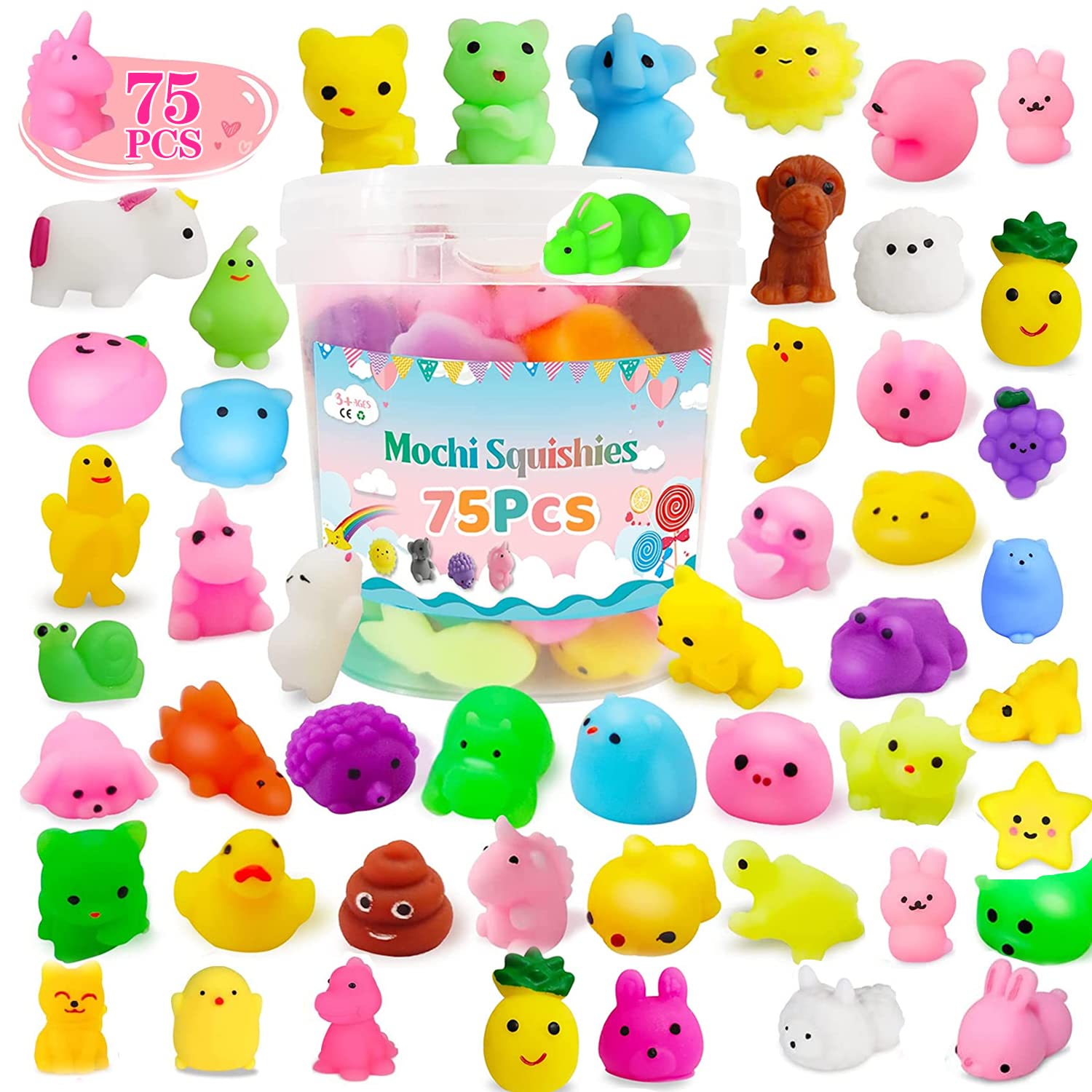 75PCS Mochi Squishy Toys Bulk Pack - Cute Kawaii Animal Stress Relief Toys for Kids & Adults - Party Favors, Easter Basket Stuffers, Birthday Gifts - Perfect for Sensory Play, Classroom Rewards and Anxiety Relief