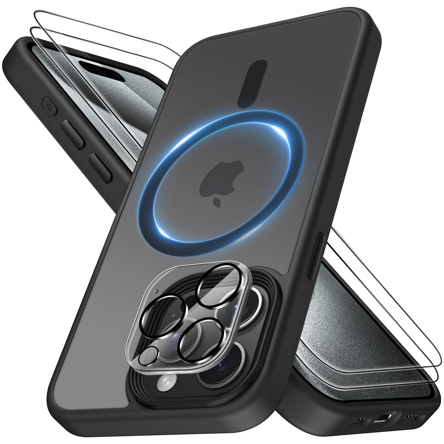 Mootobo iPhone 15 Pro Case 6.1 inch - 4-in-1 Magnetic Case with Built-in 2 HD Screen Protectors & Lens Protector | Magsafe Compatible Wireless Charging | Shockproof Protective Cover for Everyday Use, Travel & Outdoor Activities - Black