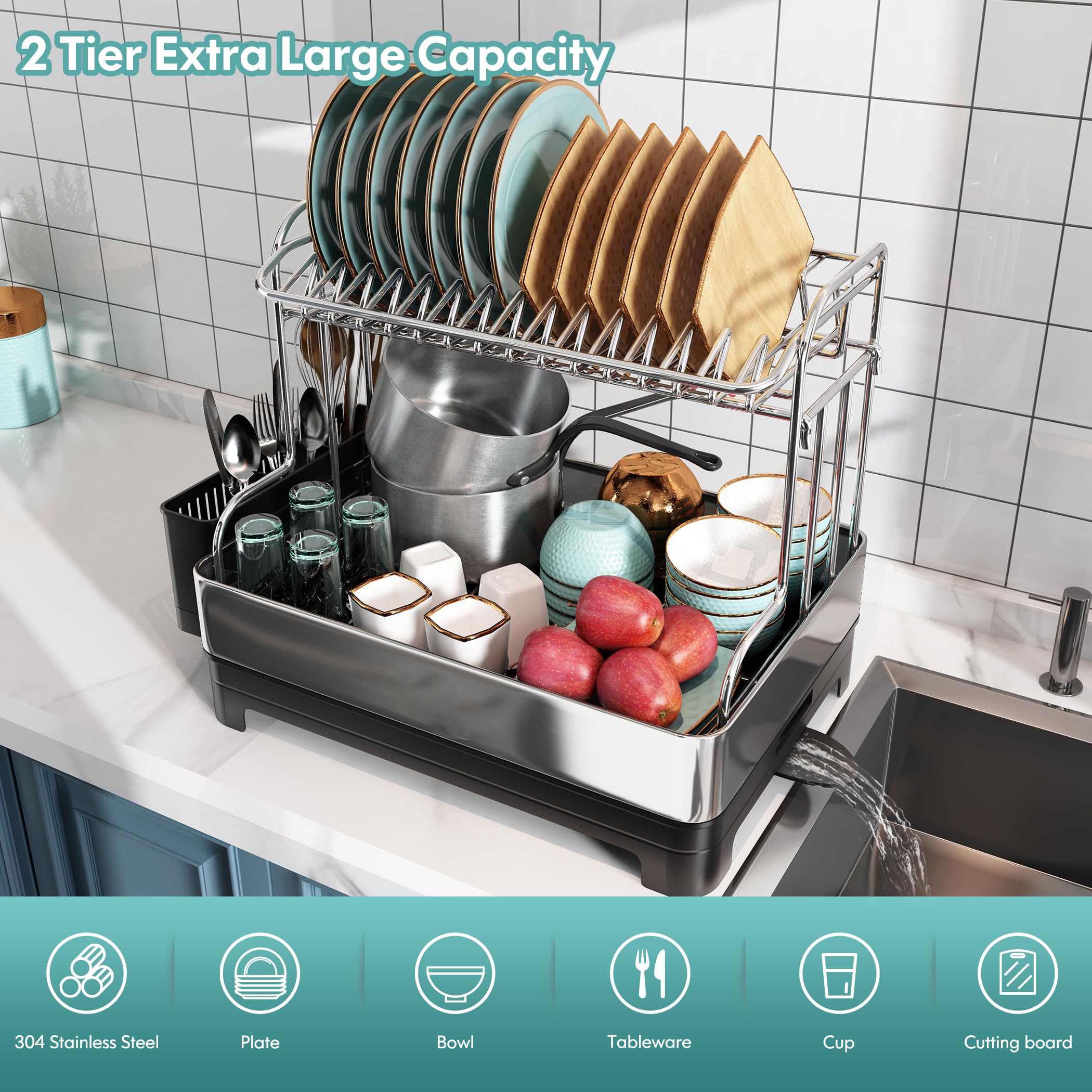 Romision Extra Large 2-Tier Stainless Steel Dish Drying Rack with Drainboard - Heavy Duty Kitchen Counter Dish Drainer & Utensil Holder for Big Families | Perfect for Drying Dishes, Cups & Cookware After Washing