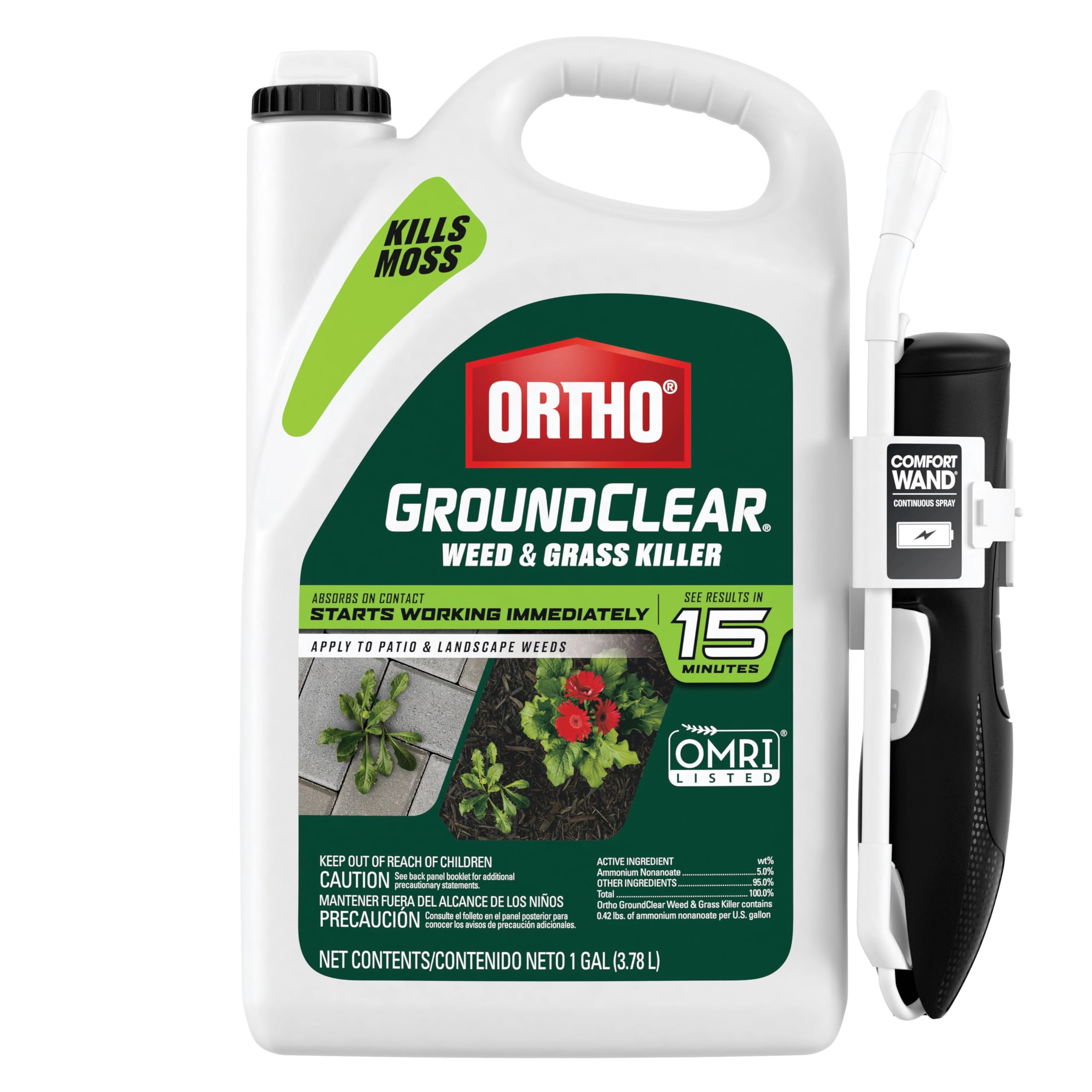 Ortho GroundClear Weed & Grass Killer with Comfort Wand - Fast-Acting Herbicide for Dandelions, Chickweed, Crabgrass, Moss | OMRI Listed Organic Formula (1 Gallon) | Perfect for Patios, Driveways, Walkways & Landscape Weed Control
