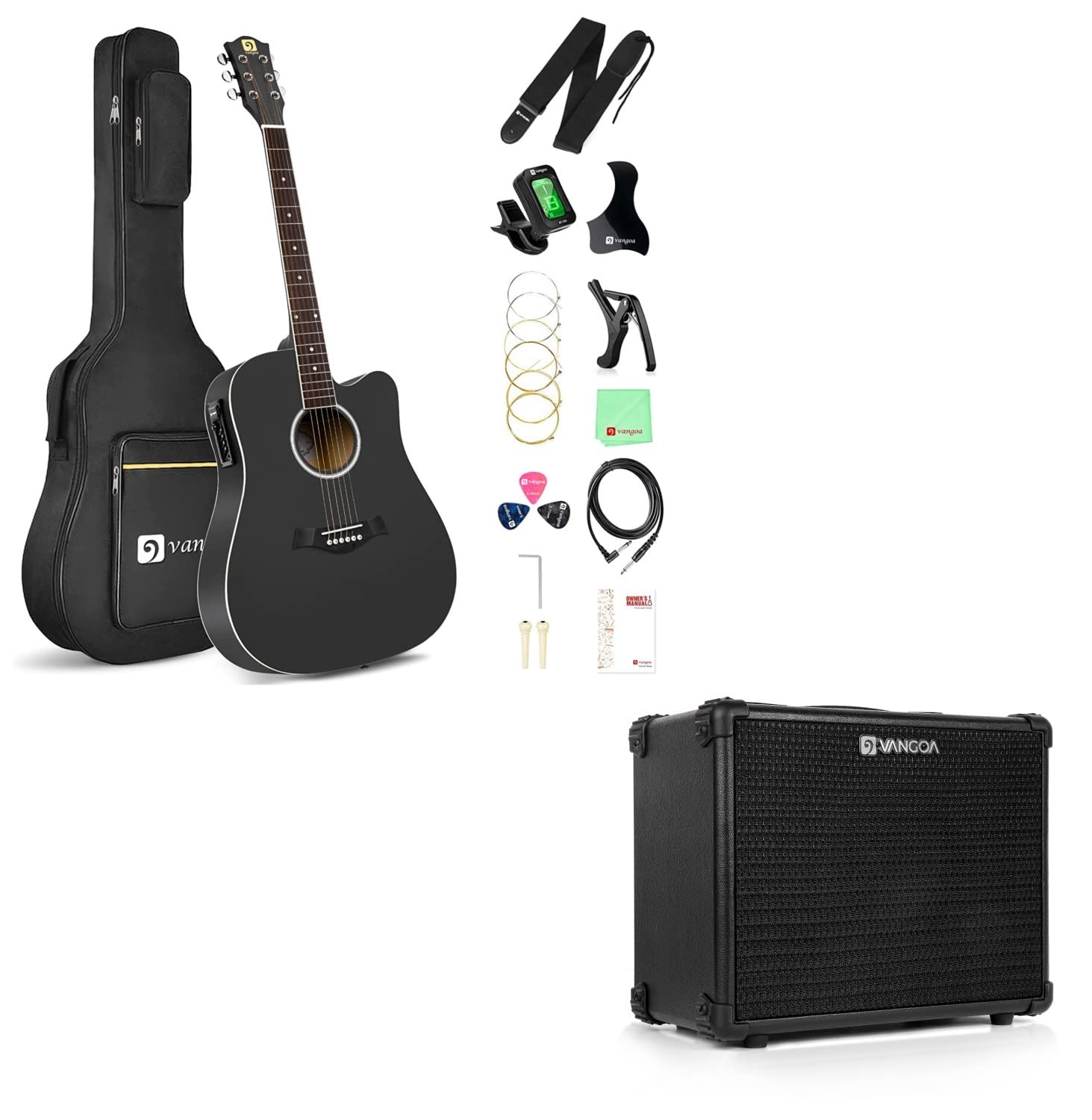 Vangoa Acoustic-Electric Guitar Bundle with 15W Amplifier - Black | Professional Guitar Kit for Beginners & Performers | Perfect for Home Practice, Studio Recording & Live Gigs