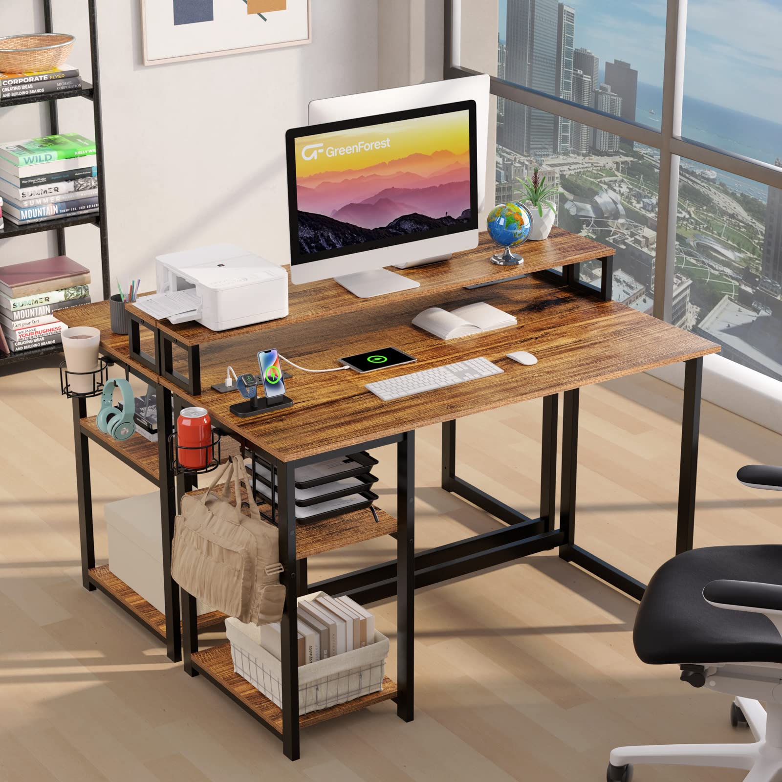 GreenForest 47 inch Computer Desk with Power Outlets - Ergonomic Home Office Desk with Monitor Stand, Reversible Gaming & Study Desk in Walnut Finish - Perfect for Small Spaces, Remote Work & Gaming Setups