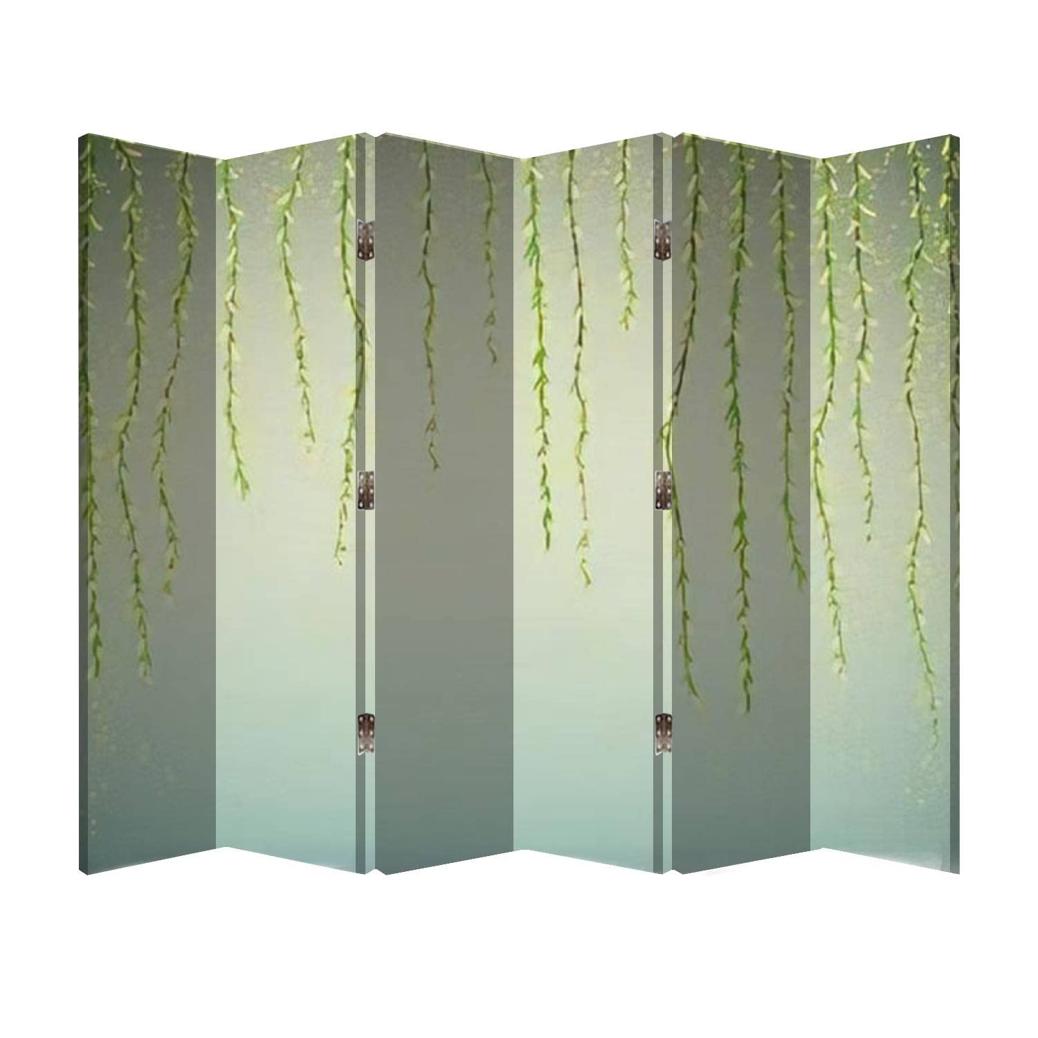 Willow Vine Yellow Flowers 6-Panel Wooden Folding Room Divider - Canvas Privacy Screen for Office, Bedroom & Living Room - Spring-Themed Decorative Partition with Flying Butterflies