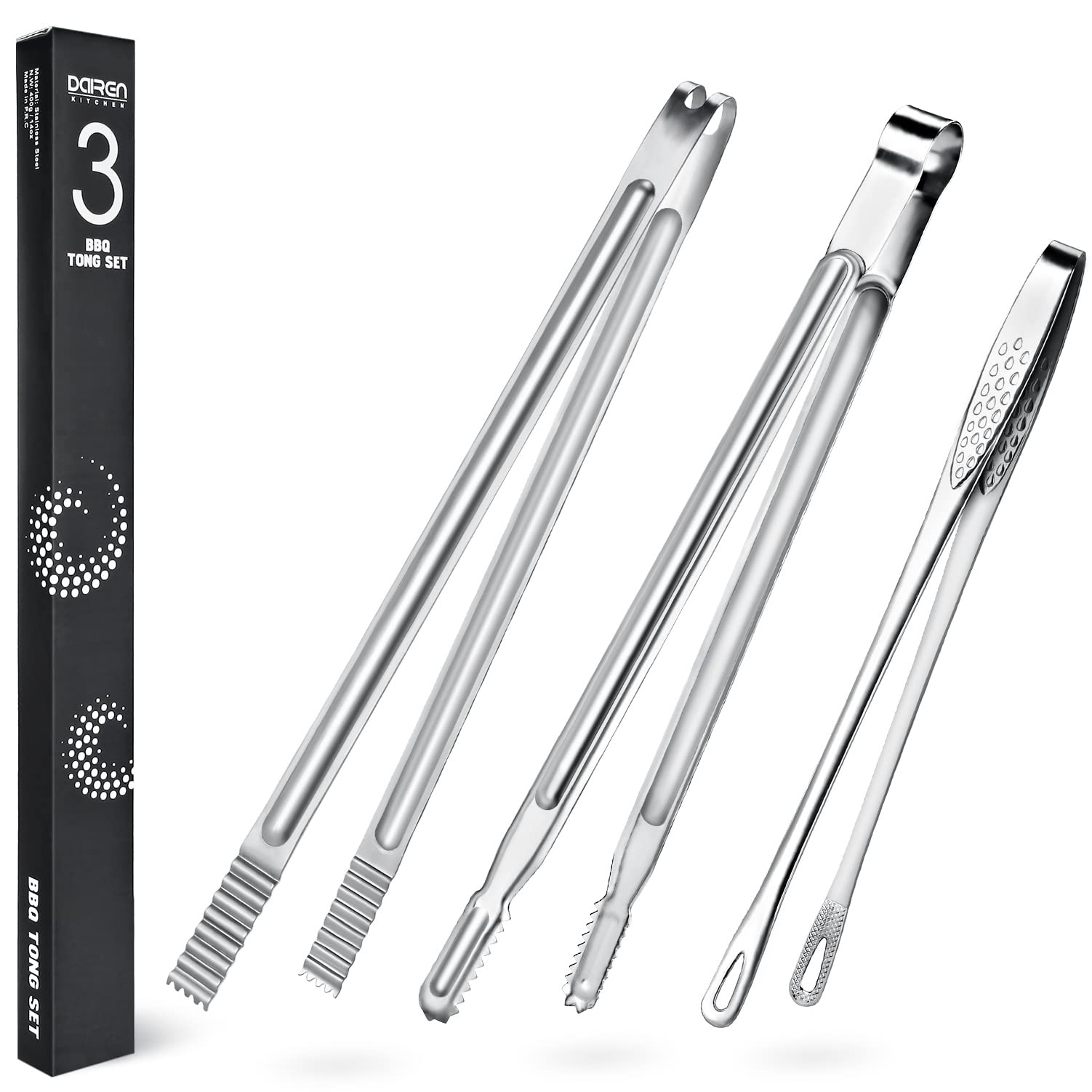 Premium Stainless Steel Grill Tongs Set - 3 Piece Extra Long BBQ Cooking Tongs (12