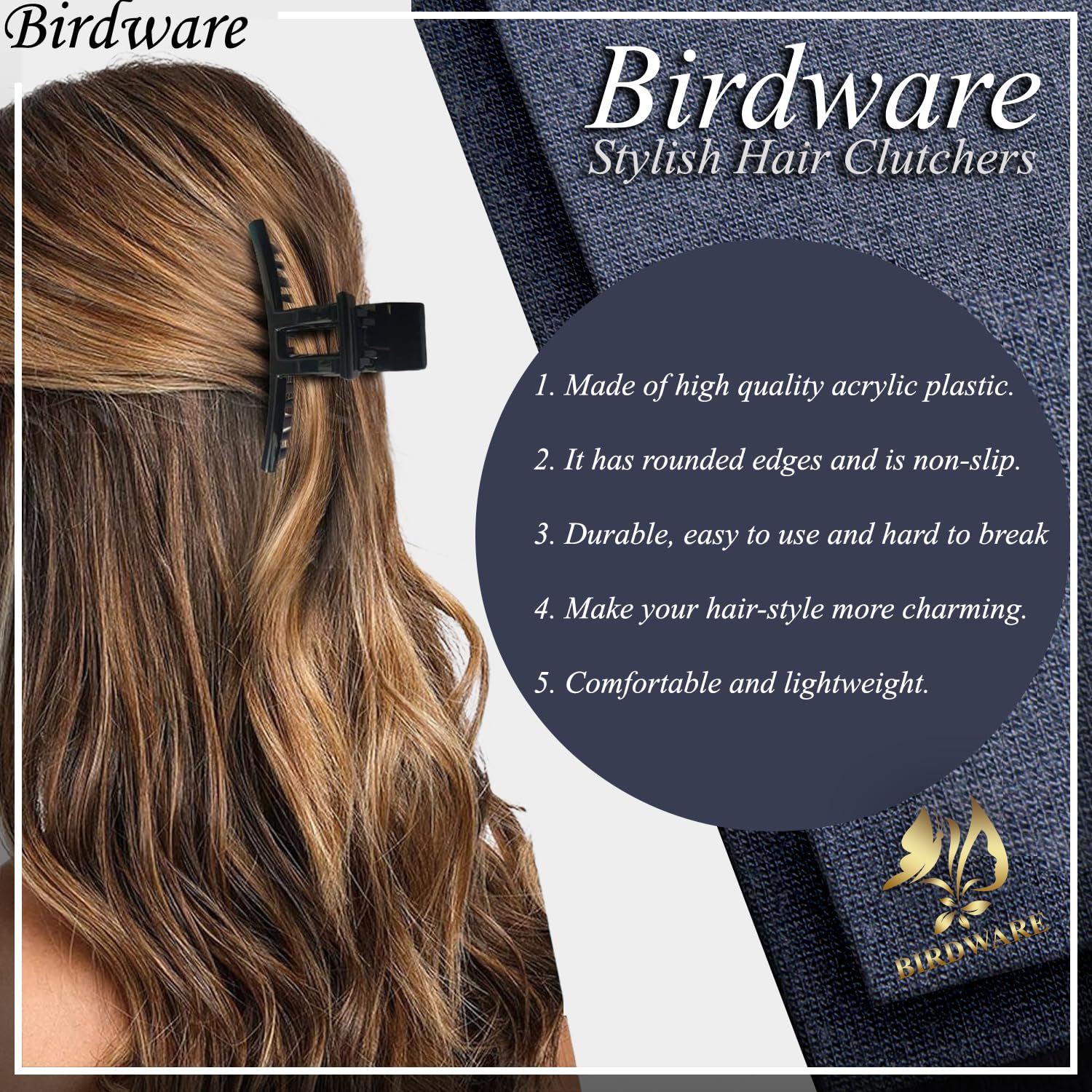 BIRDWARE Large Round Acrylic Butterfly Hair Clips for Women - 3-Pack Black | Hair Clutchers & Claws | Perfect for Parties, Weddings & Everyday Styling