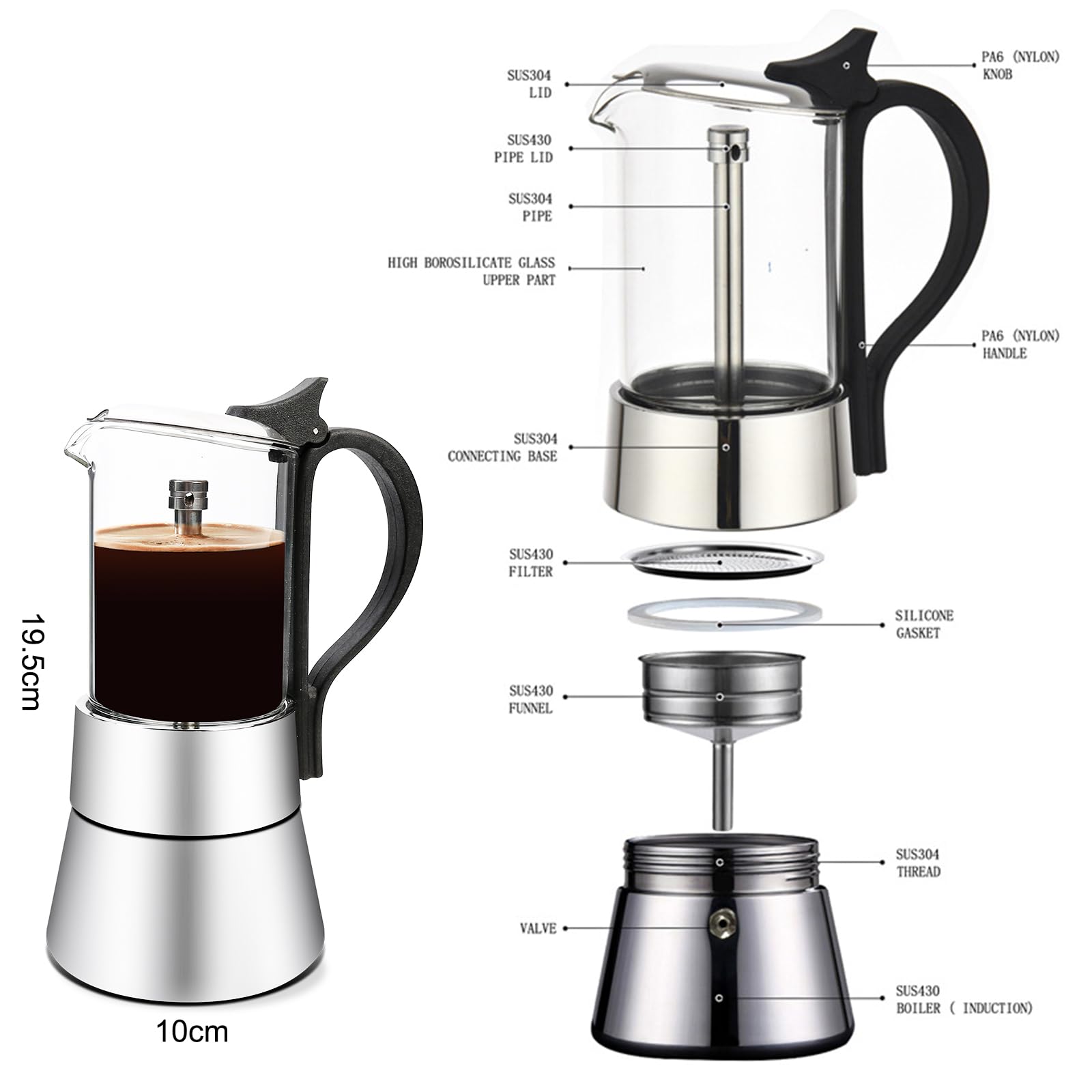 Premium 304 Stainless Steel Moka Pot - 6.6oz Stovetop Espresso Maker for Rich Italian Coffee | Durable Espresso Machine for Home, Office & Camping | Perfect for Coffee Lovers & Outdoor Adventures (200ml Capacity, Black)