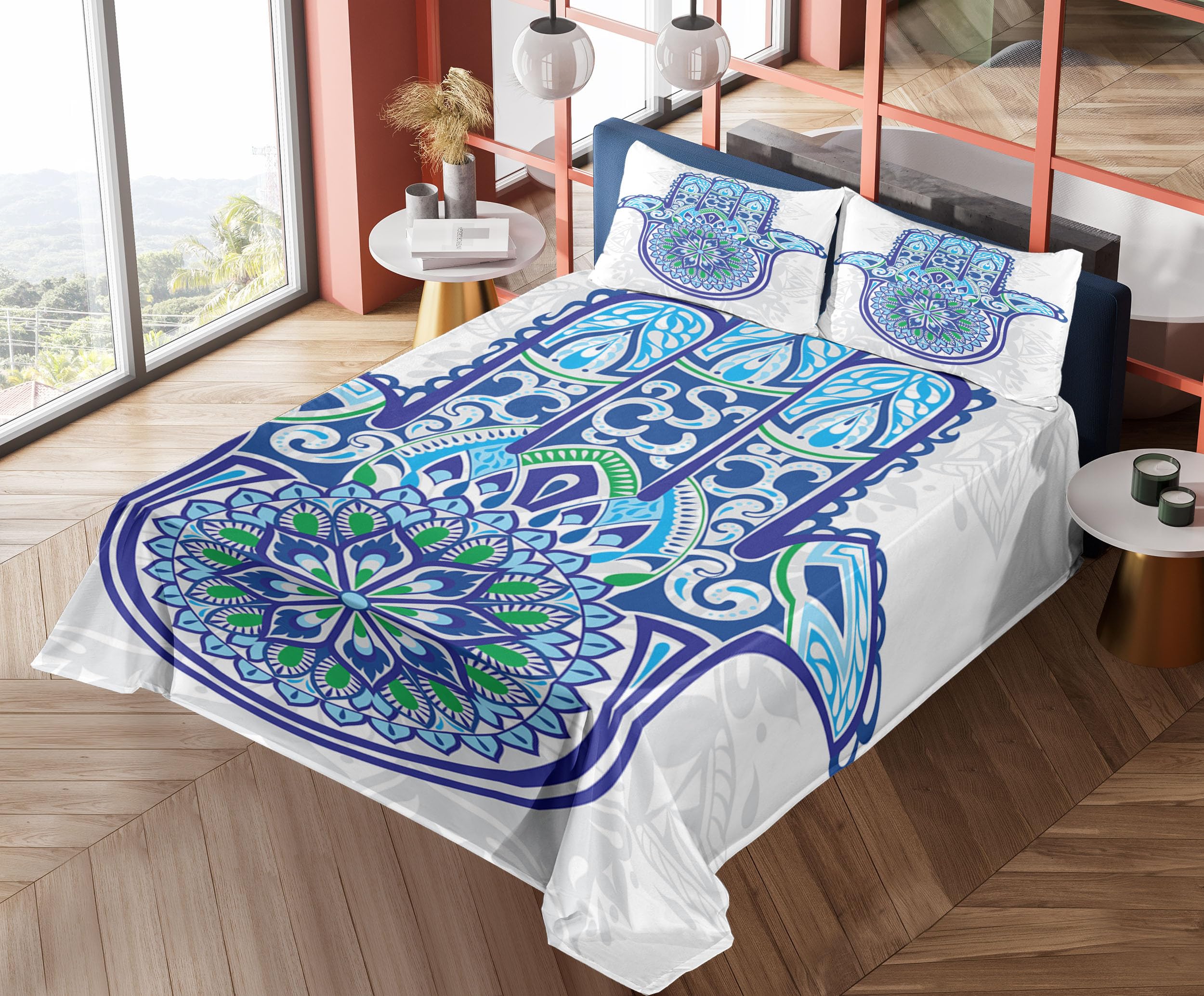 Ambesonne Hamsa King Size 4-Piece Sheet Set - Blue Turquoise White Folkloric Design with Ornamental Flower & Petal Patterns | Soft Bedding for Master Bedroom, Guest Room & Bohemian Home Decor