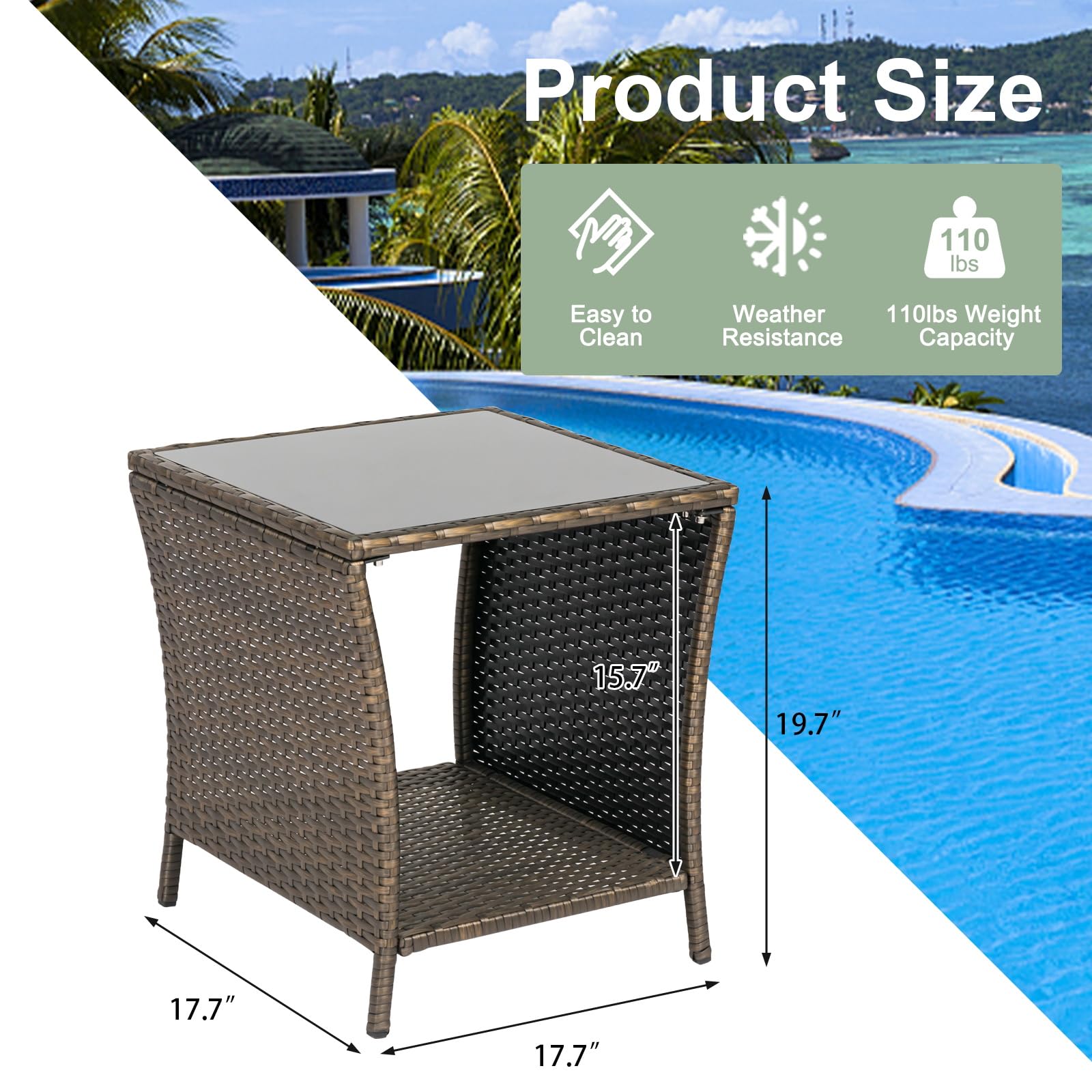 Kinbor Outdoor Side Table Set of 2 - Wicker Patio Side Tables with Storage Shelf & Tempered Glass Top for Easy Cleaning, Dark Blonde - Perfect for Poolside, Garden, Patio, and Balcony Furniture