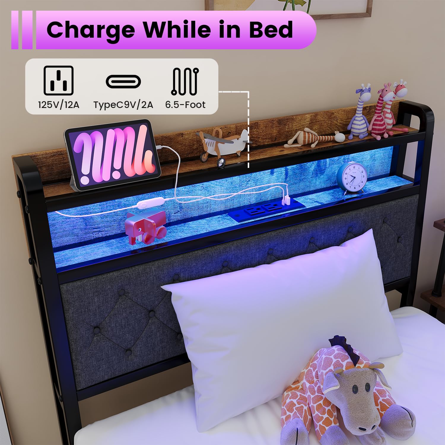 Winkalon Twin Size LED Bed Frame with Upholstered Headboard & Charging Station - Modern Metal Platform Bed with Underbed Storage, No Box Spring Needed - Perfect for Small Bedrooms, Guest Rooms & Dormitories