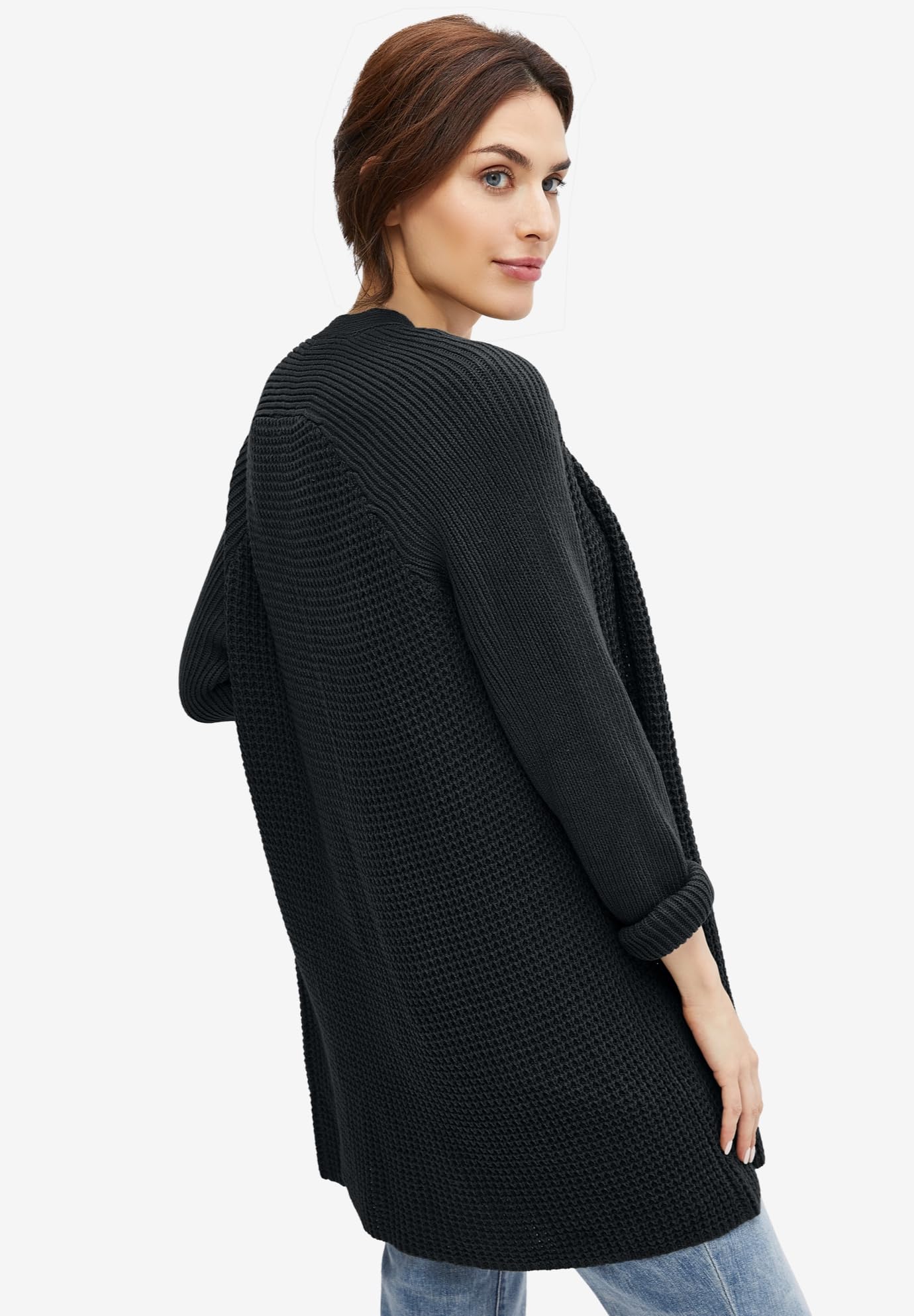 Ellos Women's Plus Size Open Front Waffle Cardigan - Oversized Long Lightweight Sweater for Casual Wear & Layering | Perfect for Fall & Winter Fashion
