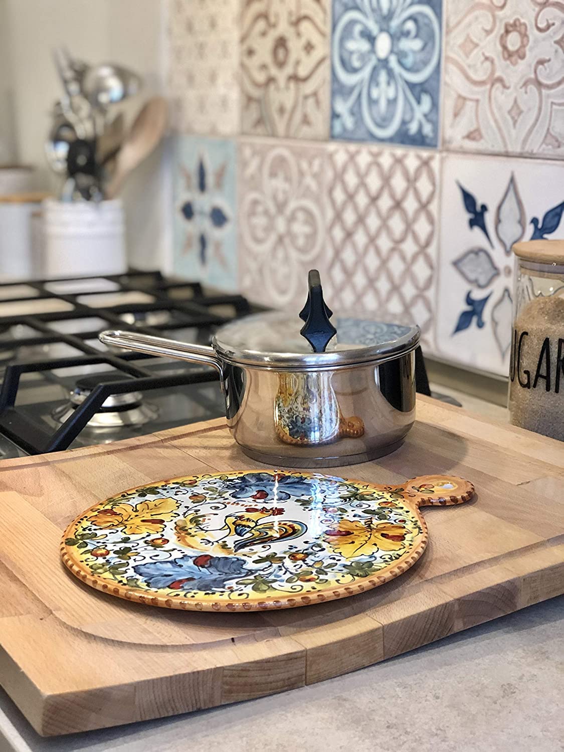 Hand-Painted Italian Ceramic Trivet Tile - Rooster Design Kitchenware from Montelupo, Tuscany | Authentic Florence Pottery Collection | Perfect for Hot Dishes & Home Decor