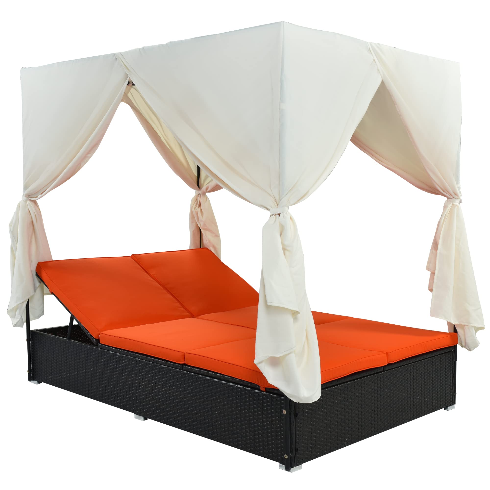 Outdoor Patio Wicker Daybed with Retractable Canopy & Curtains - Sun Lounger Garden Furniture for Poolside, Backyard, Beach (Orange) - Perfect for Relaxing & Sunbathing