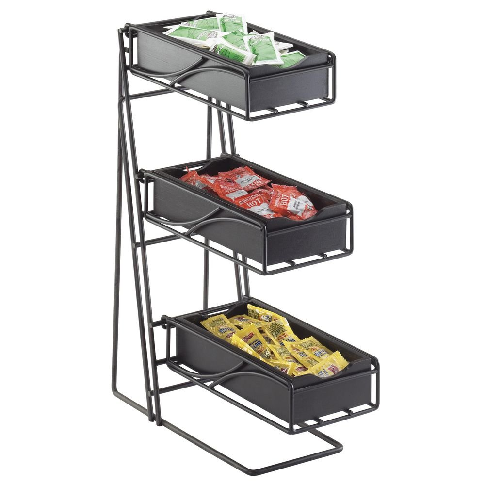 3 Tier Condiment Display Stand with Midnight Bamboo Bins & Silver Frame - 18