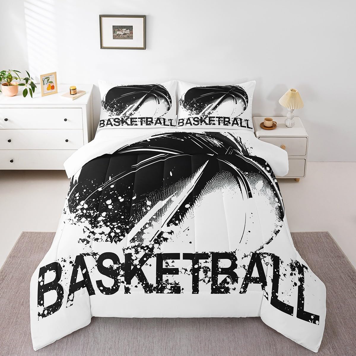 Basketball Comforter Set for Boys & Girls - Full Size Soft Black White Graffiti Sports Bedding with 2 Pillowcases | Watercolor Design Teens Bedroom Decor | Perfect for Kids Rooms, Dorm Decor & Sports Themed Bedrooms