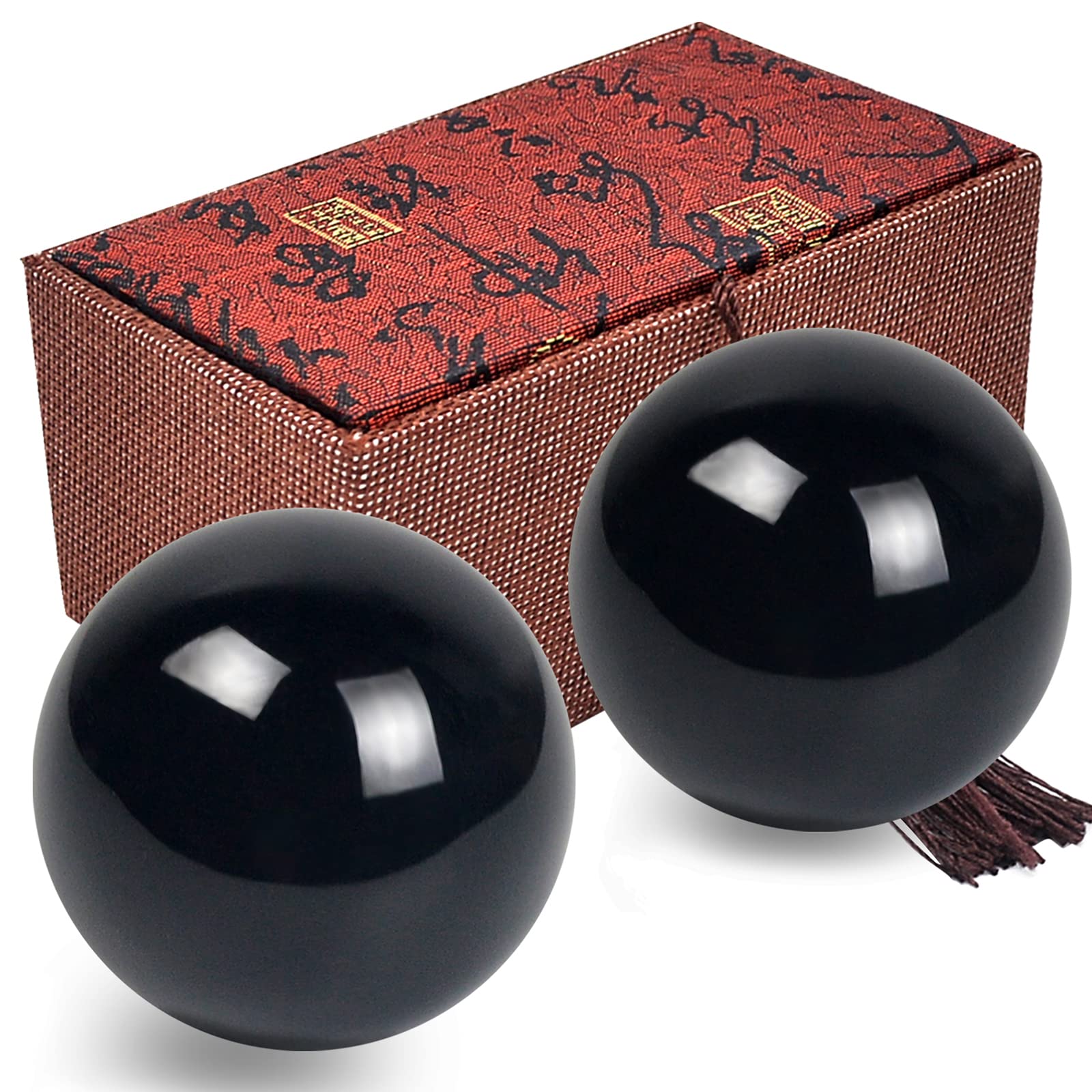 1.57 Inch Feng Shui Stone Baoding Balls - Chinese Health Exercise Stress Relief Balls with Gift Box (Black) - Perfect for Meditation, Hand Therapy, and Office Desk Decor