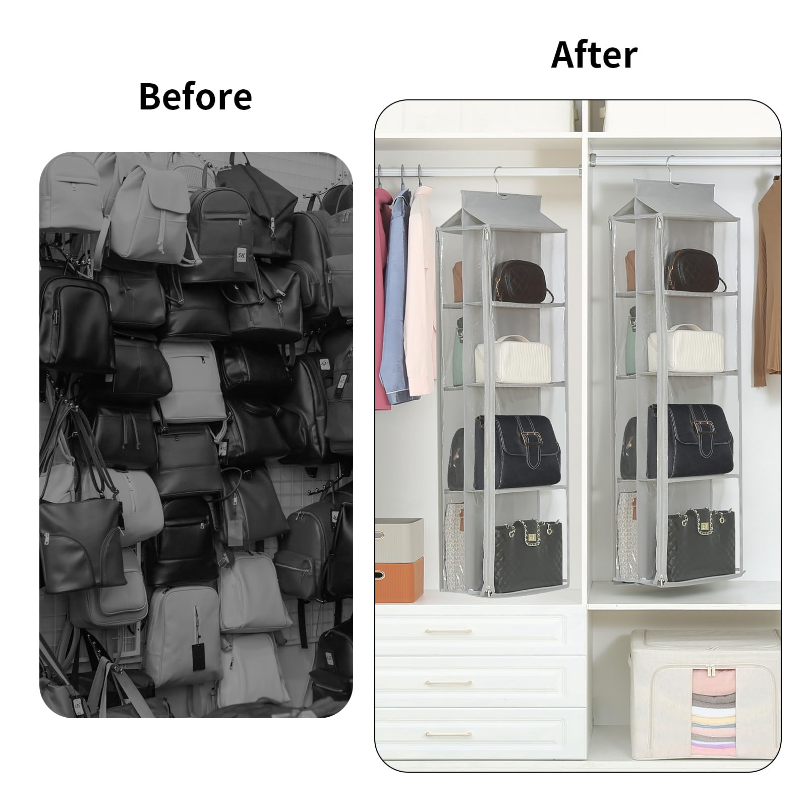 8 Grids in 1 Pack Double Zipper Hanging Purse Organizer - Fully Enclosed Handbag Storage for Closet | Perfect for Travel, Home & Office Organization