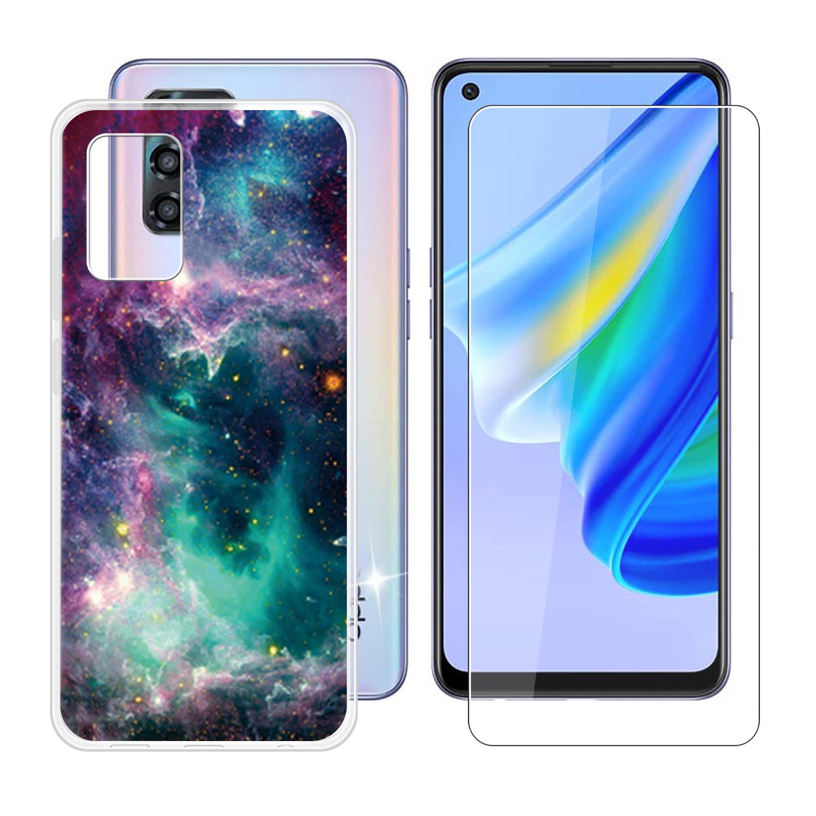 Oppo Reno6 Lite Case with 9H Tempered Glass Screen Protector - Soft Silicone Cover & TPU Shell - Black Starry Sky Design - Shockproof Protection for Daily Use, Travel & Outdoor Activities