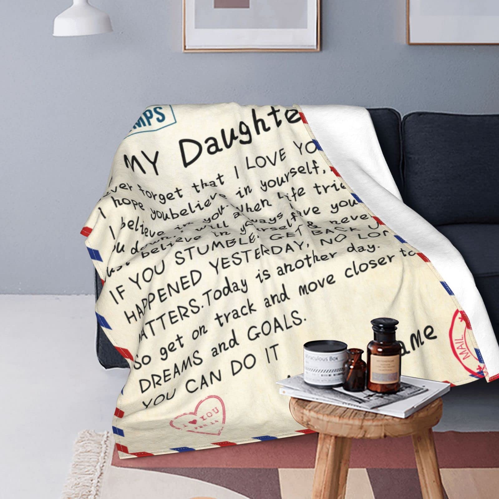 Personalized Custom Name Blanket - Love Letter to My Daughter from Dad & Mom - Air Mail Design - 50x60 Inches Soft Fleece Throw - Perfect for Gifts, Nursery Decor, and Cozy Family Moments