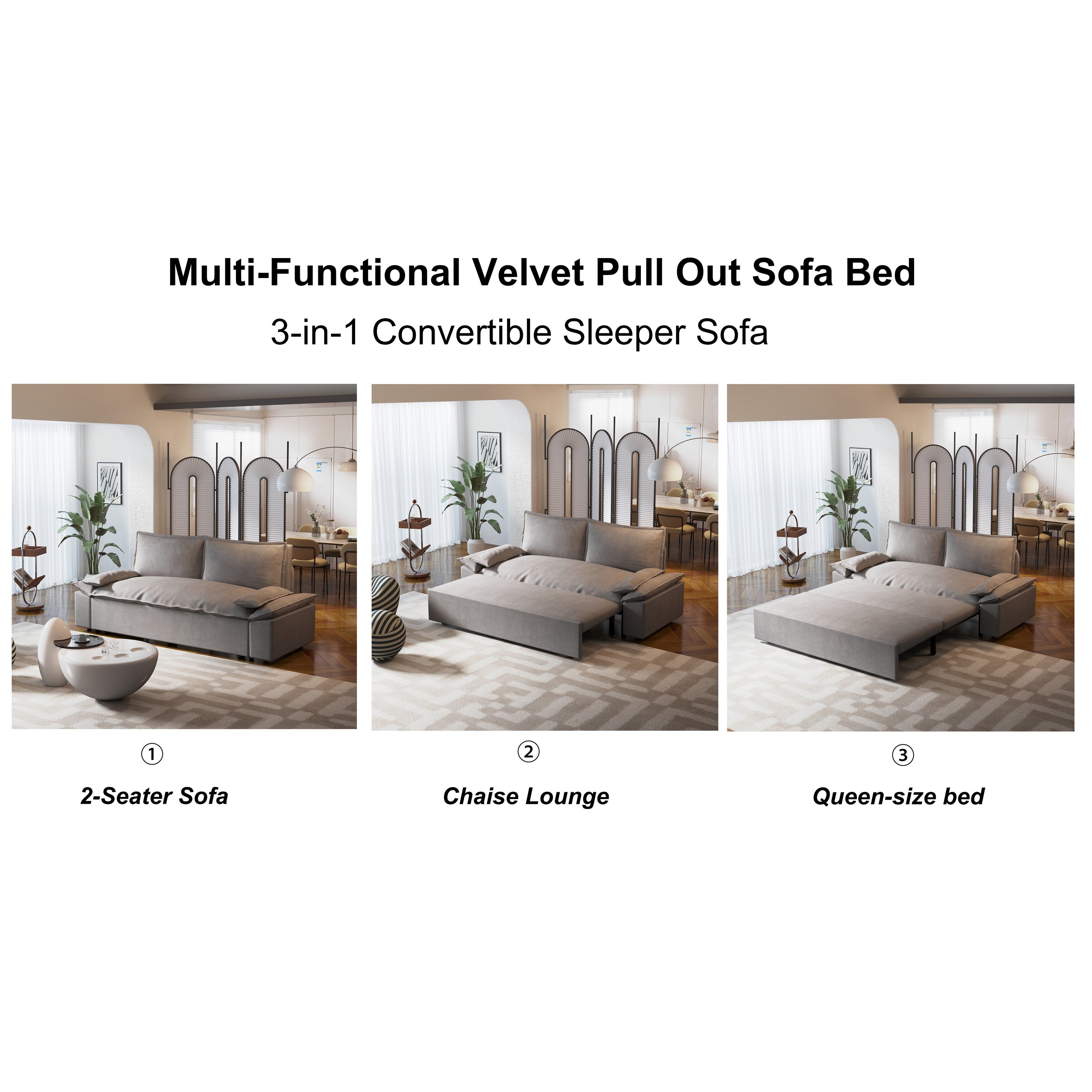 3 in 1 Convertible Sleeper Sofa Bed - Queen Size Pull Out Couch with Velvet Upholstery & Pillows - Space Saving Furniture for Small Apartments, Guest Rooms & Home Offices