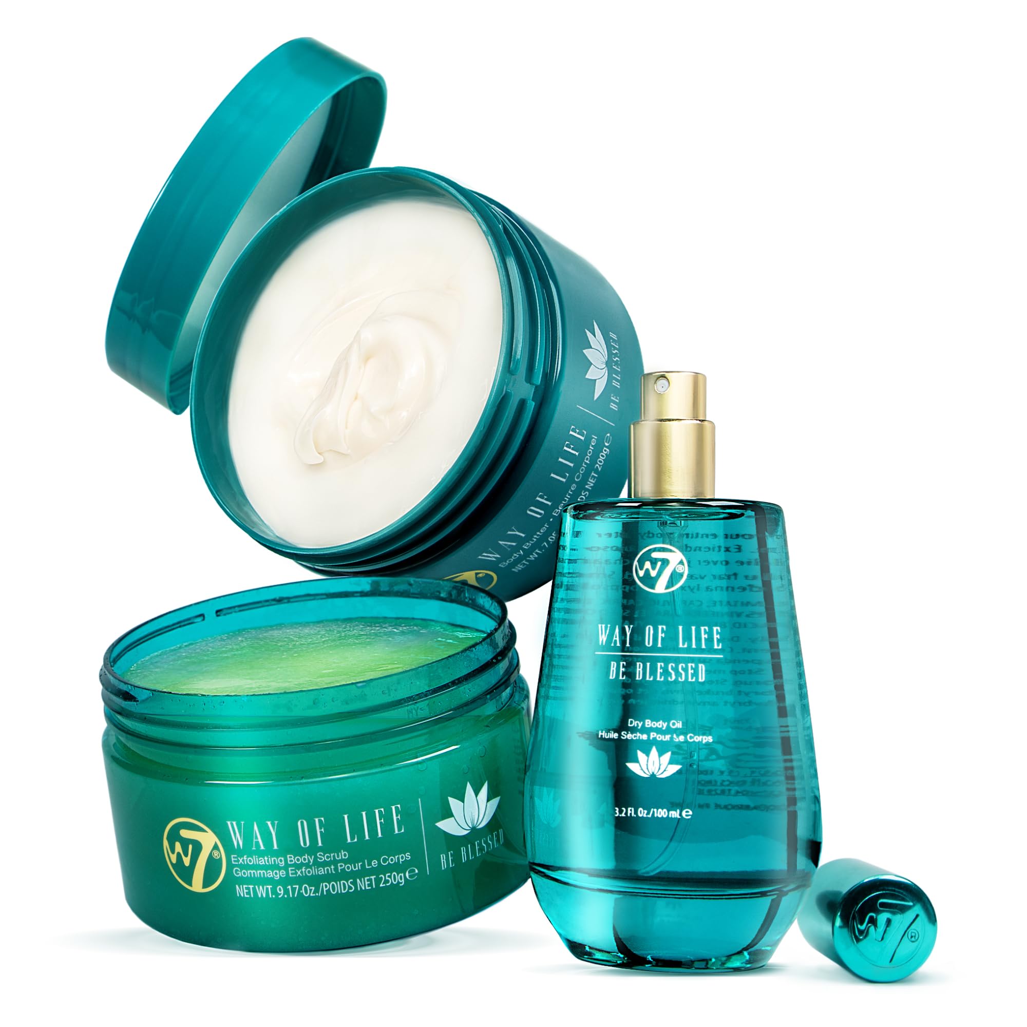 W7 Way of Life Body Care Set - Exfoliating Scrub, Hydrating Body Oil & Nourishing Body Butter | Luxury Skincare for Glowing Skin | Full Size, Long Lasting Home Spa Products | Perfect for Self-Care, Gifts & Relaxing Bath Time