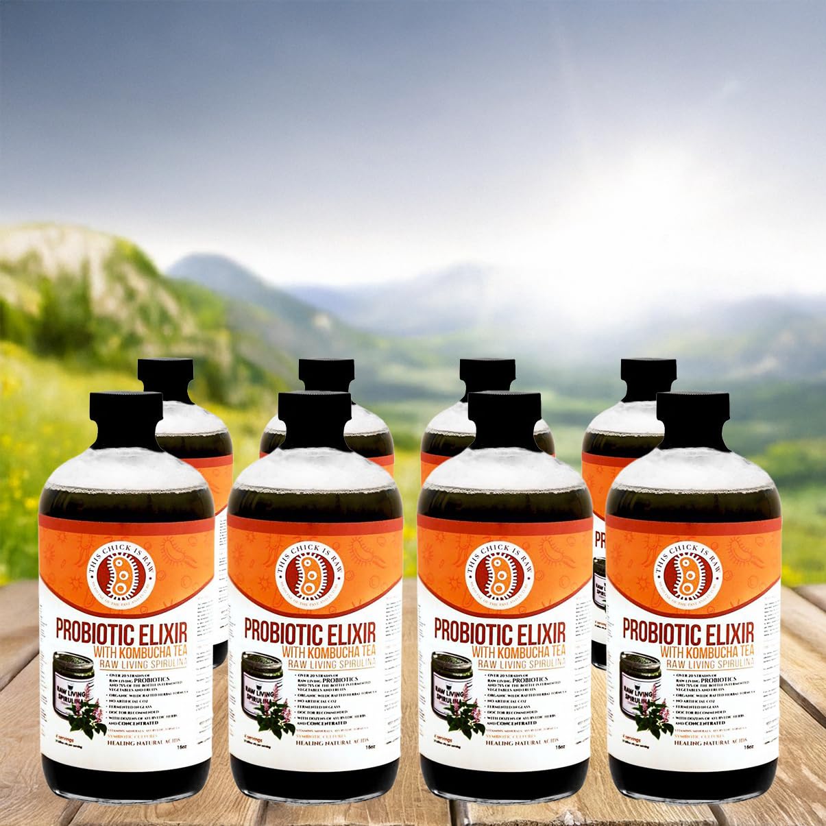 Organic Raw Living Spirulina Probiotic Elixir with Kombucha Tea – 1 Gallon (4 x 32 oz) – Supports Gut Health & Digestion – Vegan, Non-GMO, Gluten-Free – Perfect for Smoothies, Detox & Daily Wellness Routine