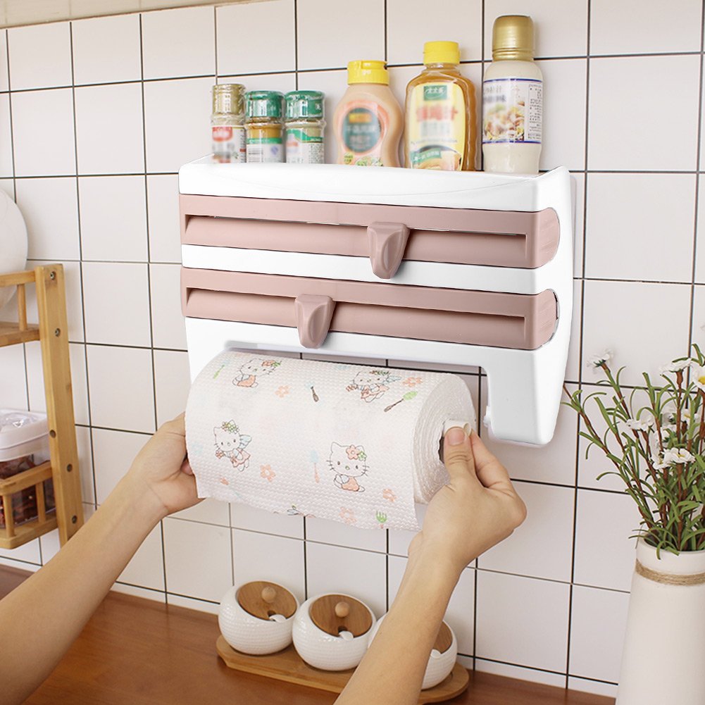 3-in-1 Wall Mounted Spice Organizer Rack with Paper Towel Holder & Foil Dispenser - Space Saving Kitchen & Bathroom Storage Solution - Perfect for Organizing Spices, Wraps & Cleaning Supplies in Small Spaces