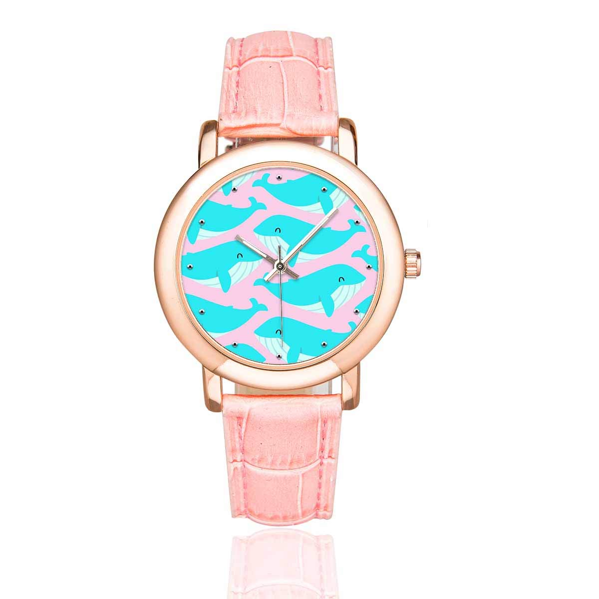 Rose Gold Women's Watch with Blue Whale Dial & Pink Leather Strap for Diving & Fashion