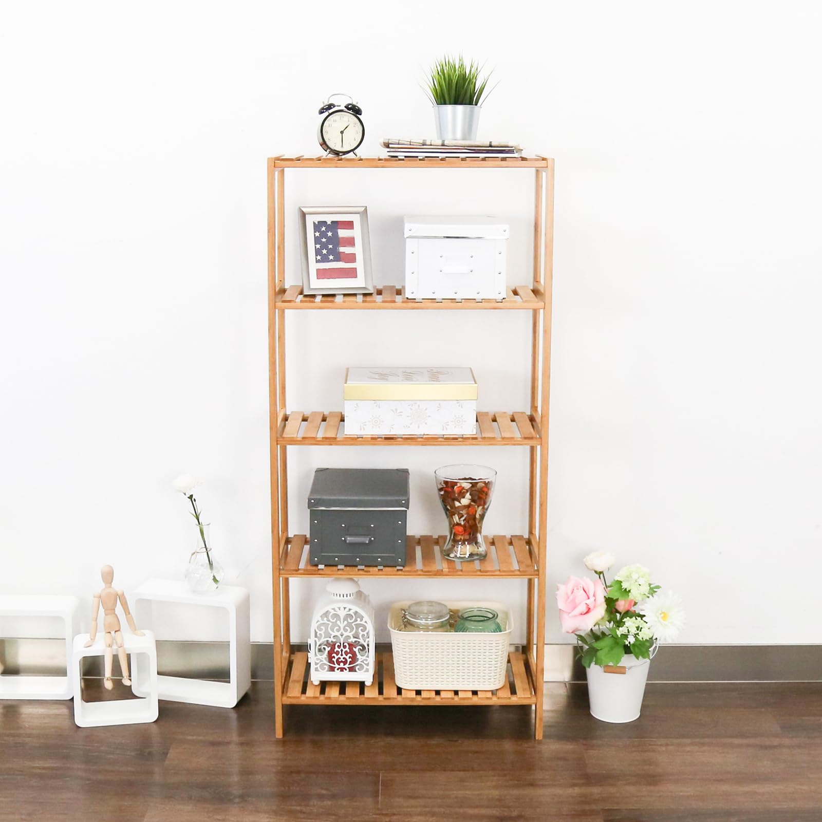 5-Tier Bamboo Bathroom Shelf Organizer - Space-Saving Storage Rack for Bathroom, Kitchen & Living Room - Perfect for Towels, Toiletries, Spices & Decorative Items