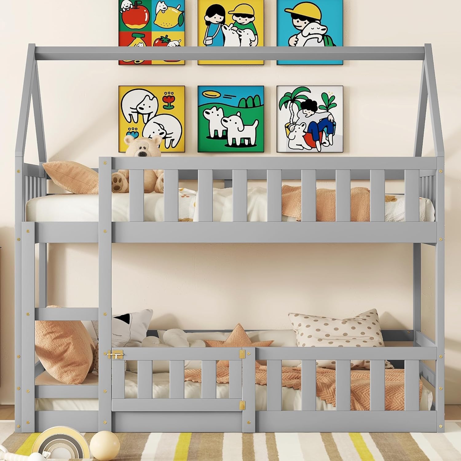 MERITLINE Twin Over Twin Wooden Bunk Bed with Safety Fence & Door, Loft Bed with Roof for Kids - Easy Assembly, Grey - Perfect for Small Bedrooms, Kids' Dormitories & Space-Saving Home Decor