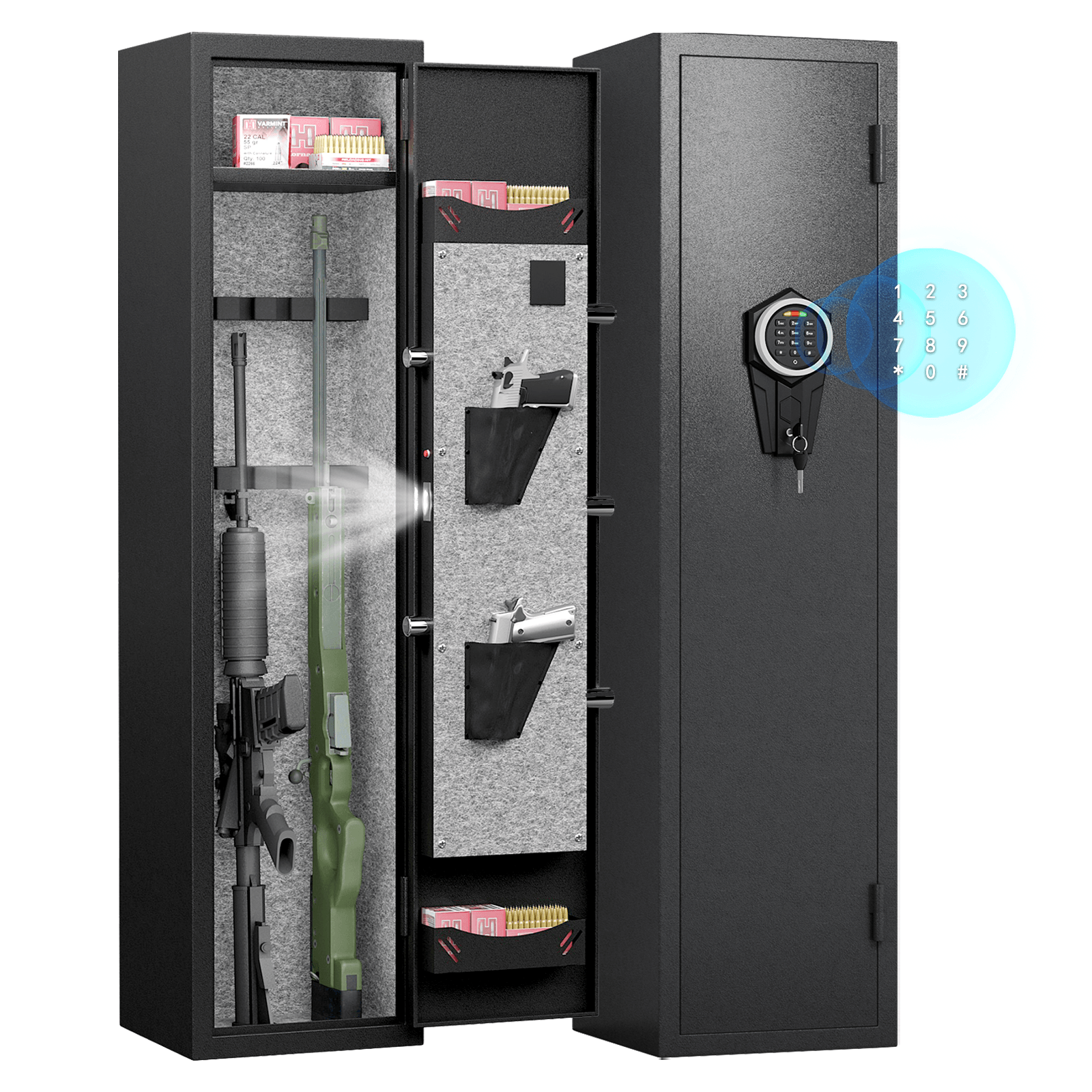 Heavy Duty Steel Rifle Gun Safe - 3 to 4 Gun Capacity with Electronic Lock, Solid Bolts, Dual Alarm System & LED Lighting | Secure Firearm Storage for Home, Office or Hunting Cabin | Silent Operation Safe for Nighttime Access