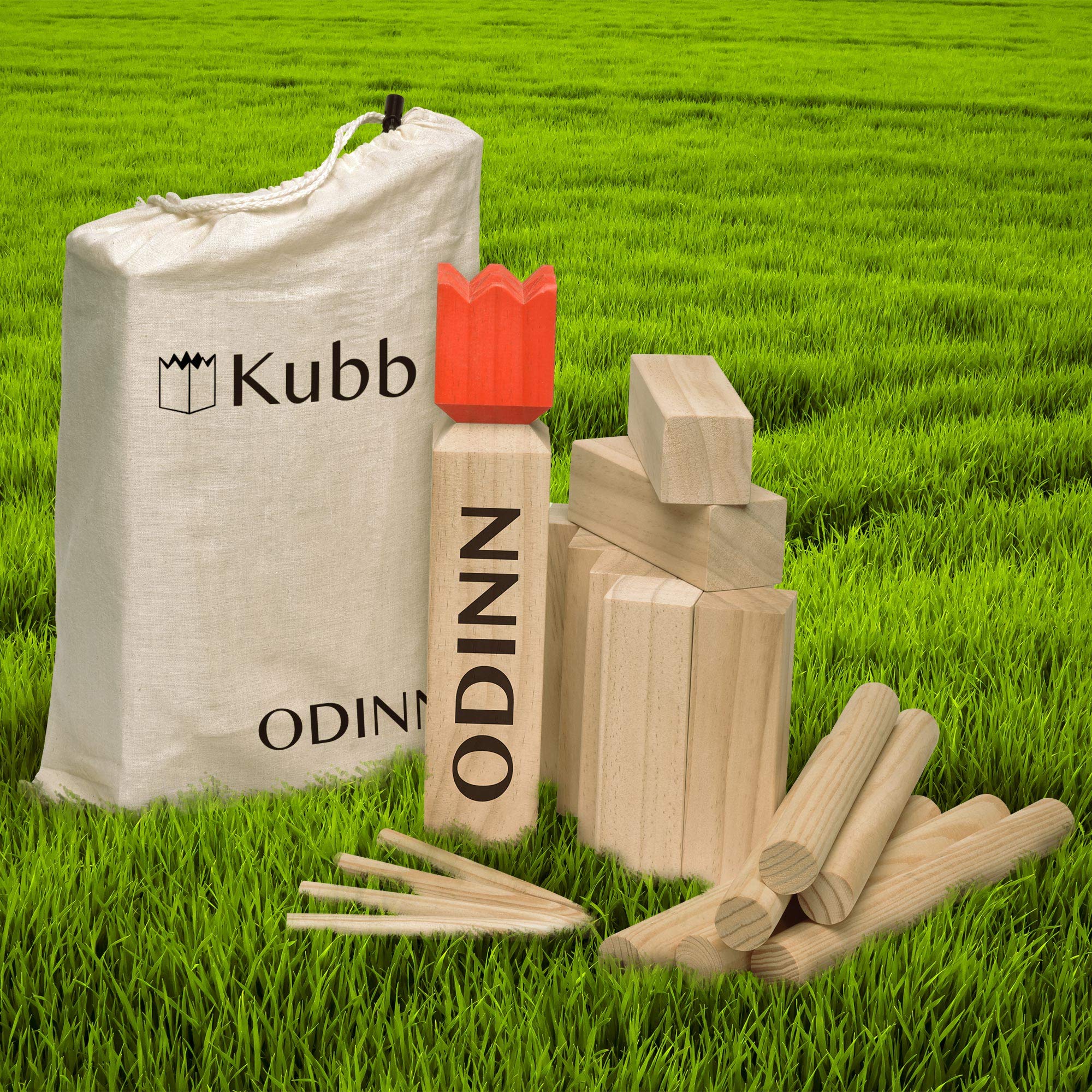 Odinn XXL Kubb Yard Game Set - Premium Viking Chess & Wooden Lawn Bowling Game for Adults & Kids - Outdoor Backyard, Beach, Camping & Picnic Fun - Includes Wooden Blocks & King Pin