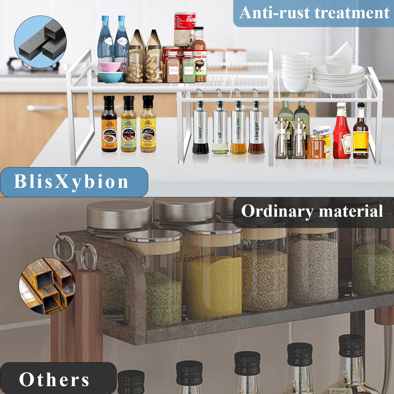 2-Pack Stackable Metal Kitchen Cabinet Organizer Shelf - Sturdy Countertop & Pantry Storage Rack for Spices, Cans, and Cookware - Perfect for Small Spaces and Clutter-Free Organization