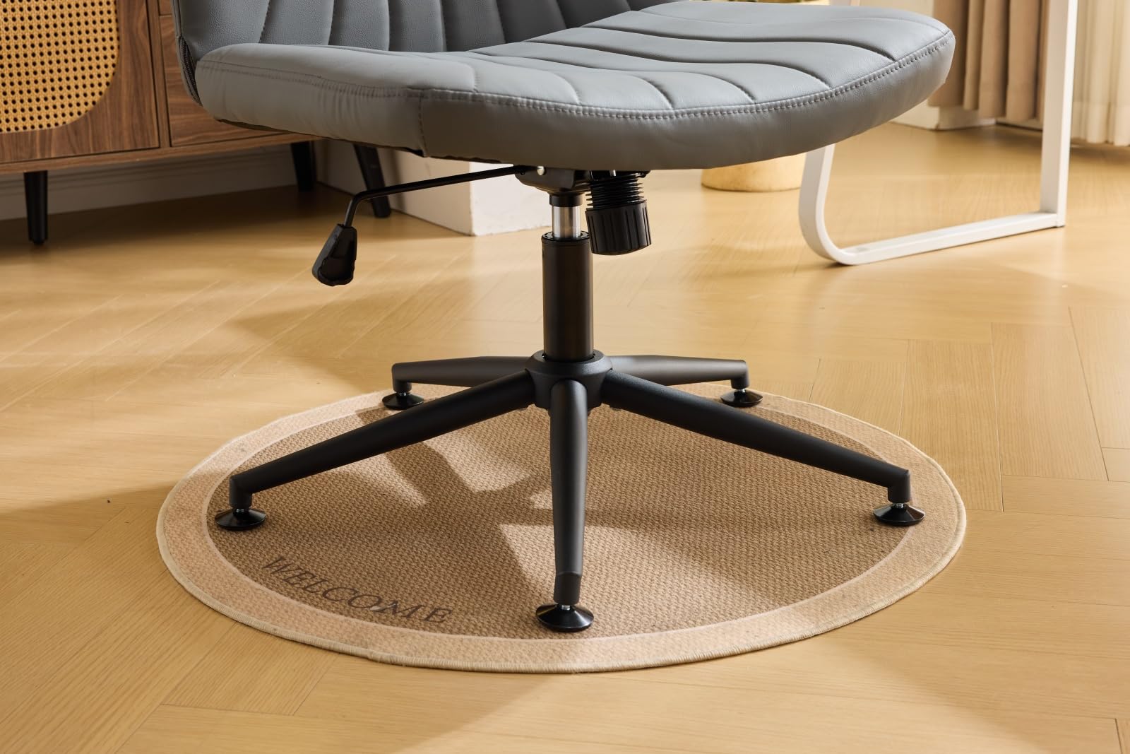 VINGLI Criss Cross Legged Office Chair - Wide Comfortable Computer Desk Chair with/without Wheels - Swivel Armless Rolling Task Chair for Home Office, Study, Makeup - Scratch-Resistant PU Leather in Grey - Perfect for Small Spaces & Cat Owners