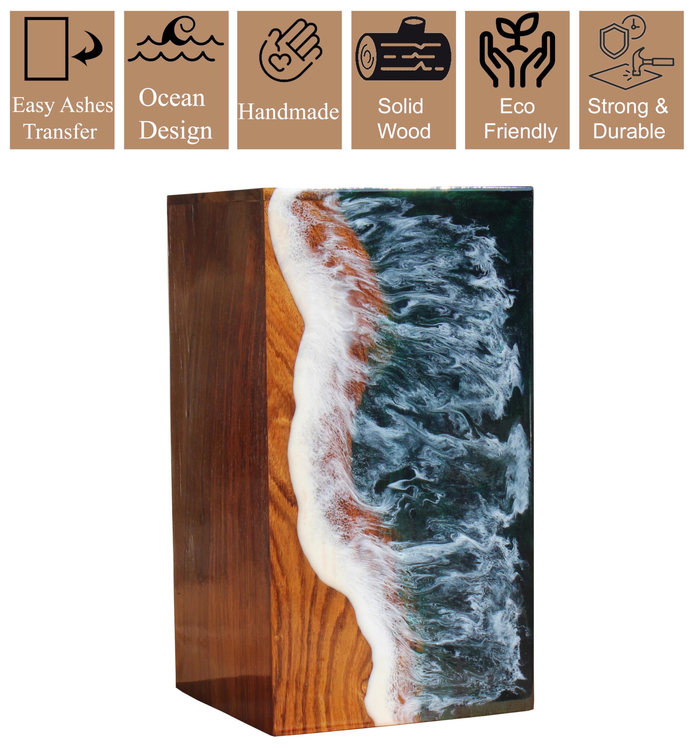 Ocean-Themed Wooden Resin Cremation Urn for Ashes - Handcrafted Coastal Memorial Urn for Adult Male - Perfect for Beach Memorials, Home Display & Celebration of Life Ceremonies