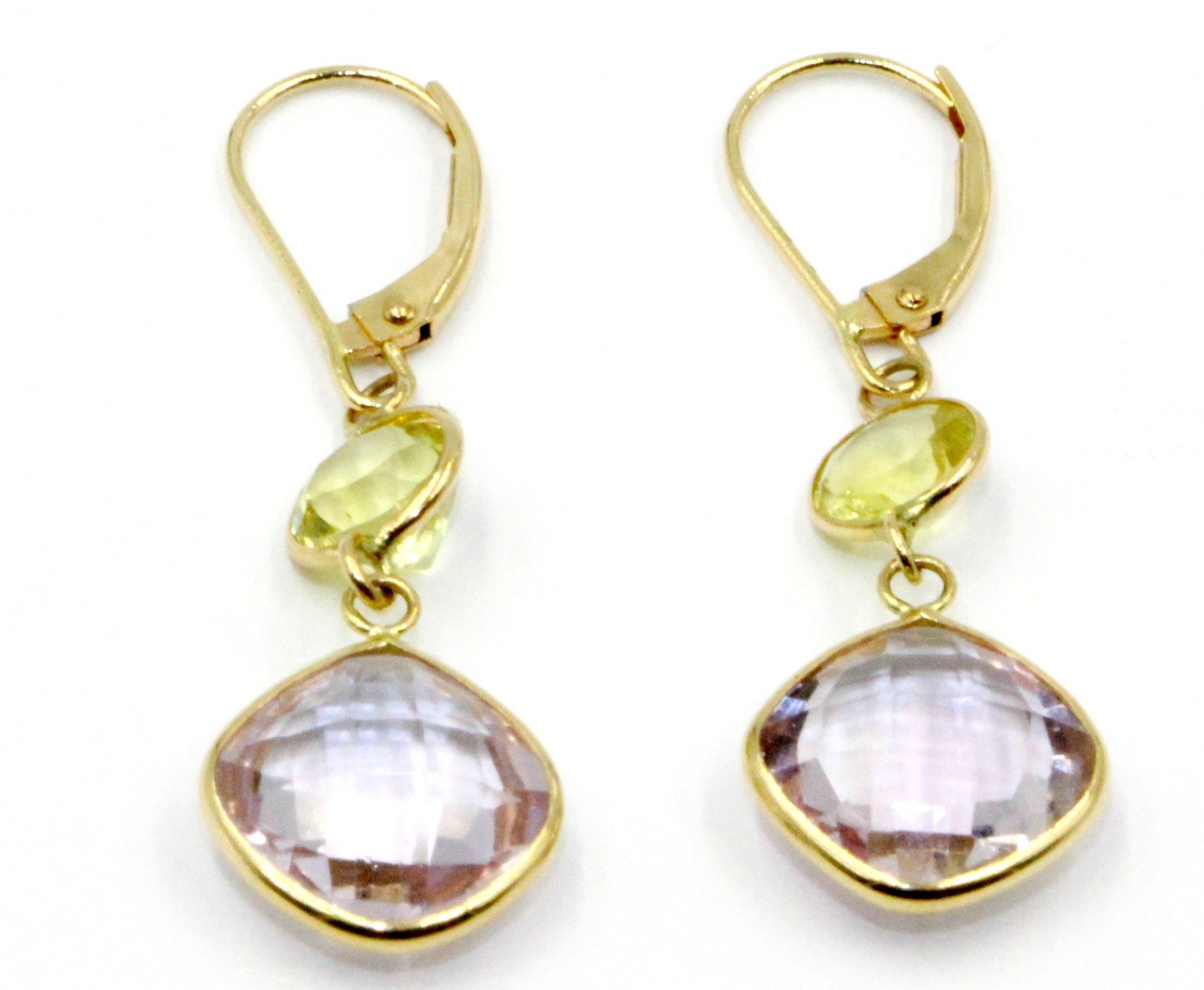 14K Yellow Gold Pink Amethyst & Lemon Quartz Drop Earrings - Dainty Leverback Hanging Earrings for Women, Perfect for Weddings, Parties & Special Occasions